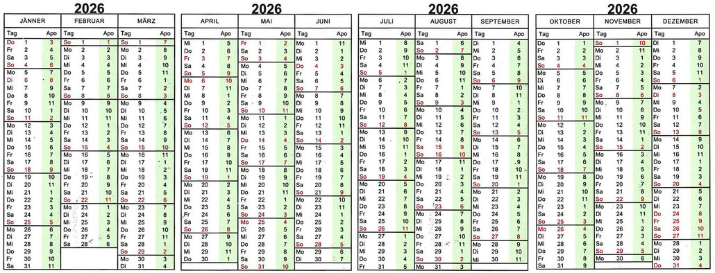 Nachtdienstkalender 2026 St. Georgs Apotheke Himberg