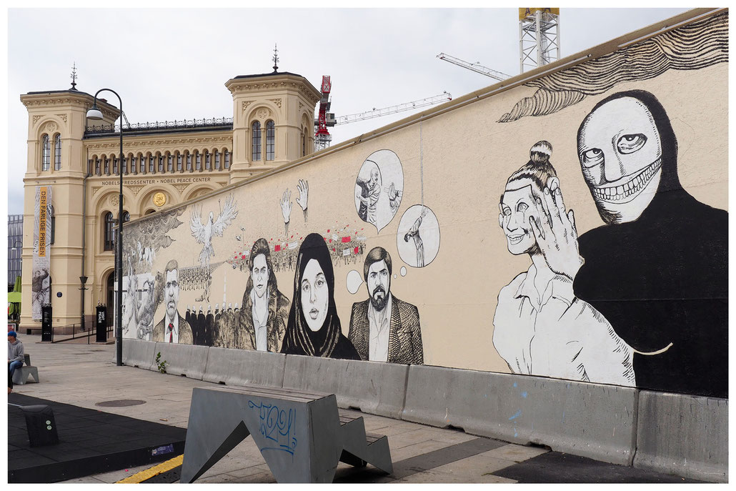 Nobels Fredssenter Oslo - "Unknown Numbers" by Shwan Dler Qaradaki and Johannes Hoie at the Peace Wall near Nobel Peacecenter in Oslo