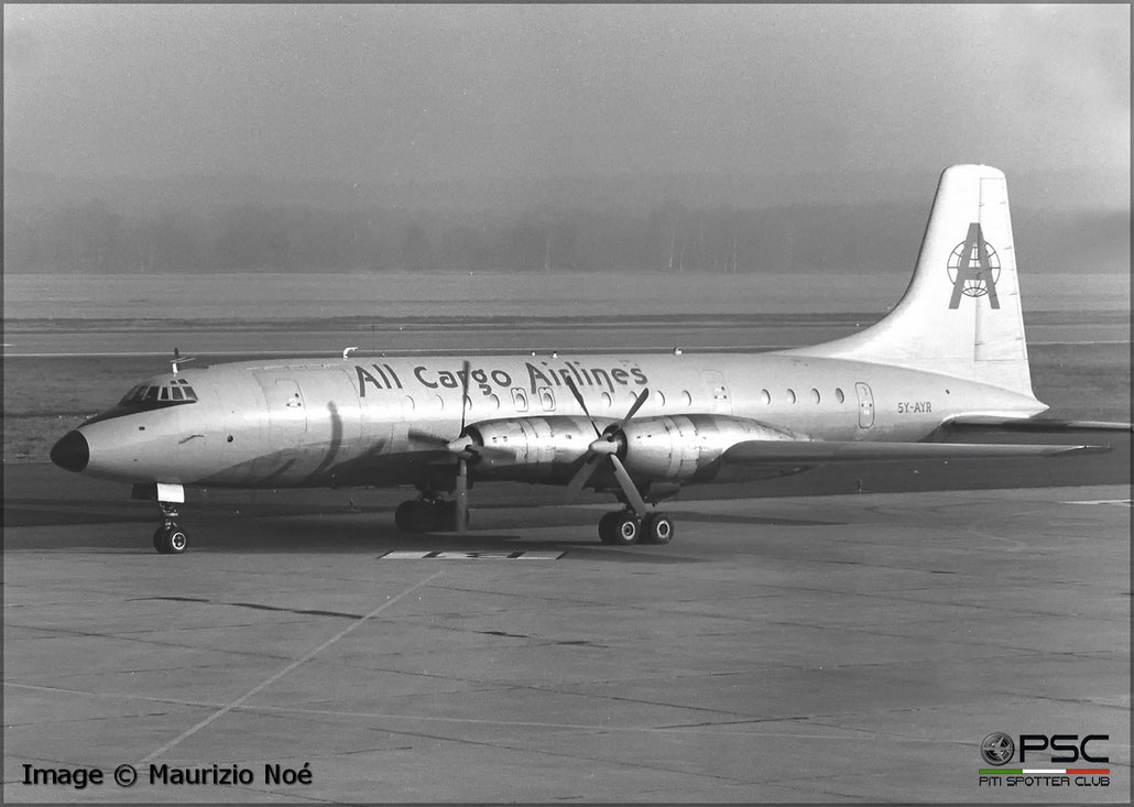 5Y-AYR Bristol 175 Britannia 307F 12920  Bristol Proteus  All Cargo Airlines 1958 © collezione Maurizio Noè p.g.c. - Piti Spotter Club Verona