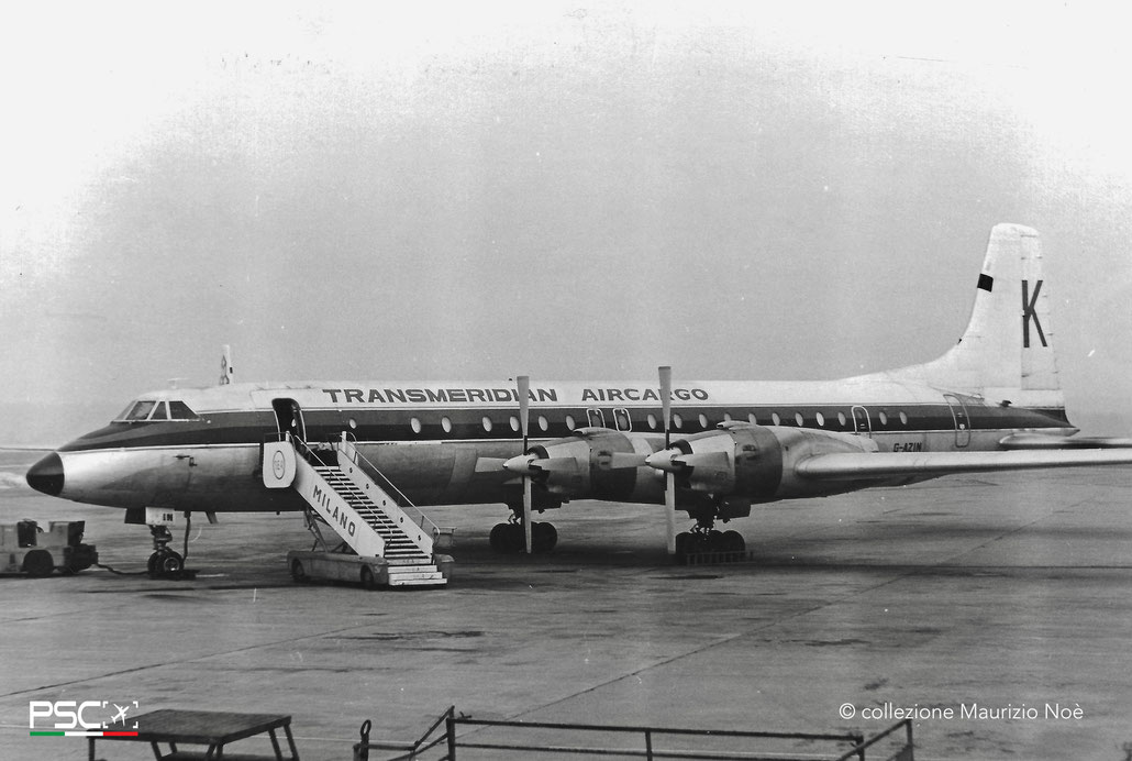 G-AZIN Canadair CL-44D4-2 19  RR Tyne 515/50 Transmeridian Air Cargo 1961 @ Milano Malpensa © collezione Maurizio Noè - Piti Spotter Club Verona
