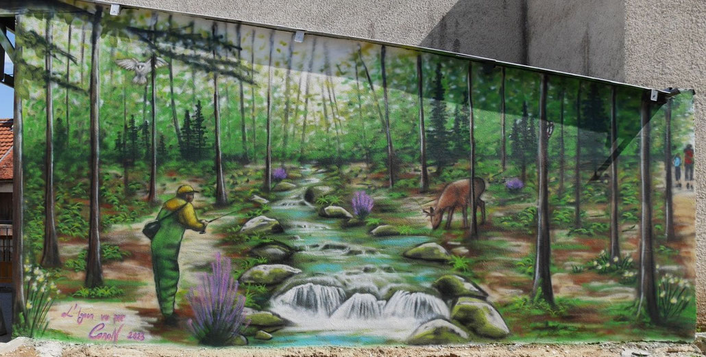 Fresque représentant un paysage (sous-bois, rivière) par l'artiste Thibaud Coron