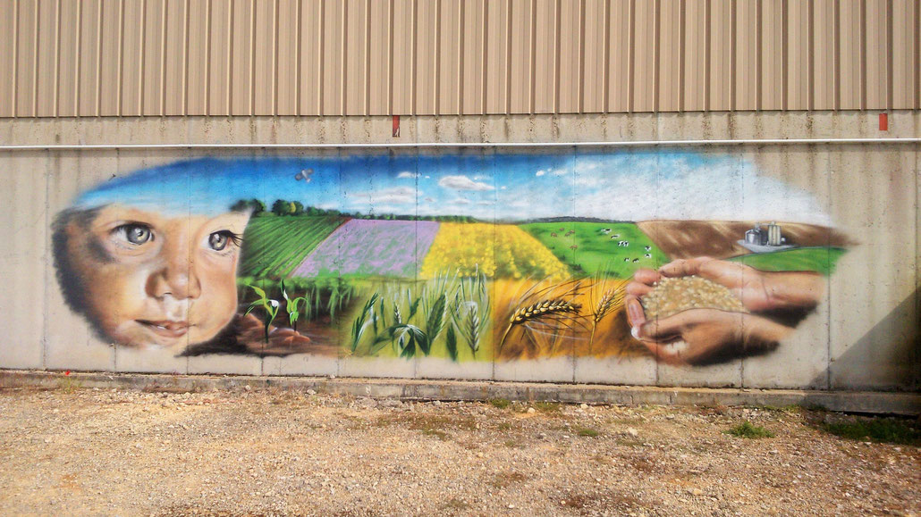 fresque murale représentant un paysage de campagne pour l'entreprise 110 Bourgogne à Prusly-sur-Ource, Coron Thibaud
