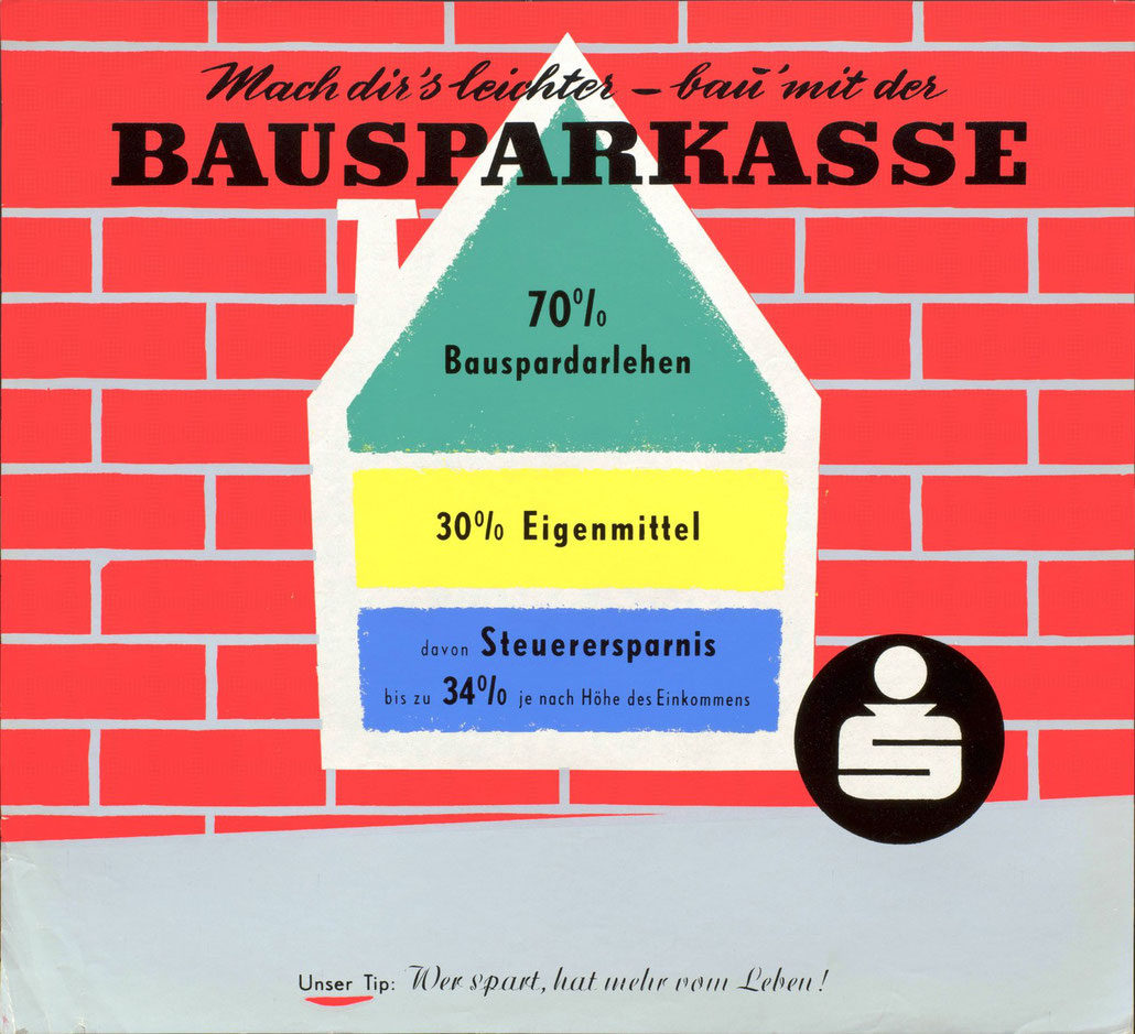 Bausparkassen Werbung der Sparkasse um 1957. Plakat von Heinz Traimer.