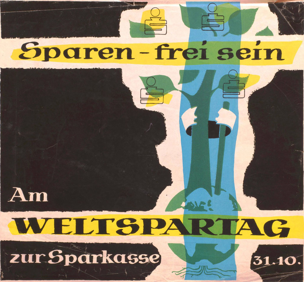 Weltspartag 1955. Plakat der Sparkasse zum Staatsvertrag. Gestaltung Heinz Traimer.