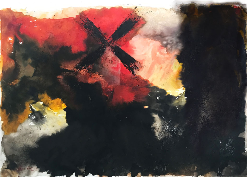 Genia Chef, Fighting against the Windmills, mixed media on canvas, 215 x 315 cm, 2023