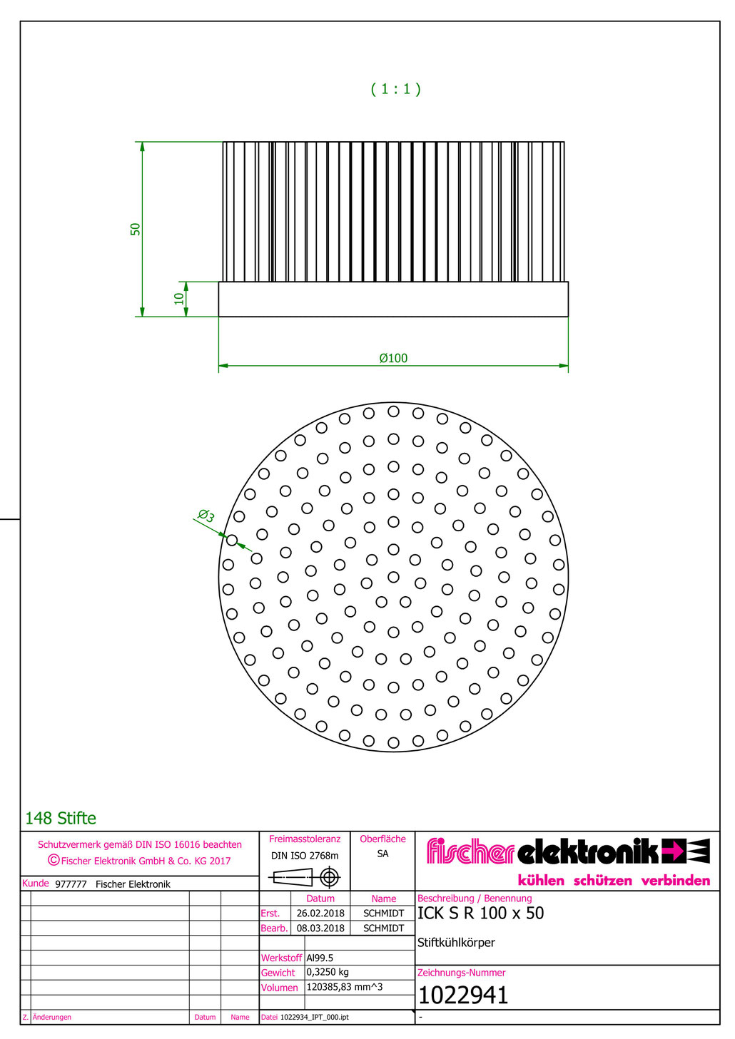 ICK S R 100 x 50 | 100mmφ x 50mm | 丸型ピンフィンヒートシンク（Al99.5）Fischer Elektronik