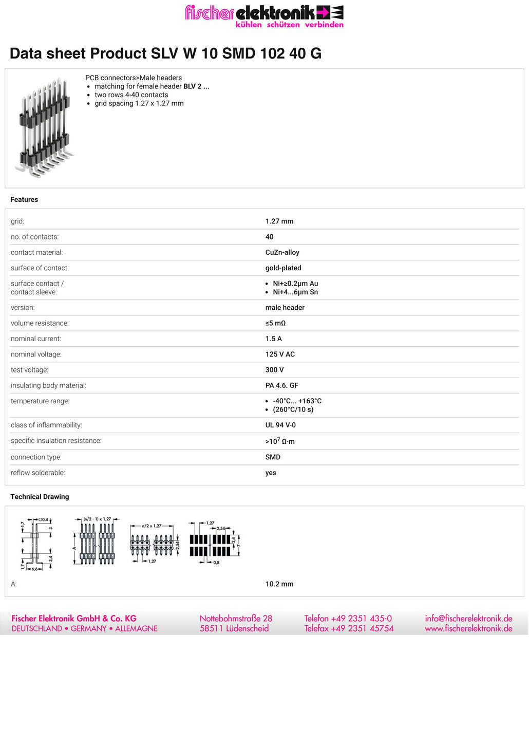 SLV W 10 SMD 102 |  1.27mmピッチ段重ね用ピンヘッダ 2列（基板間10.2 mm）