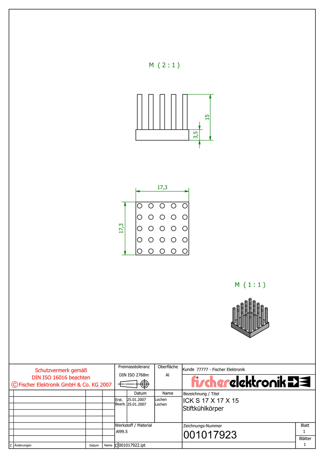 ICK S 17 x 17 x 15 | Al99.5 | 角型ピンフィンヒートシンク | Fischer Elektronik
