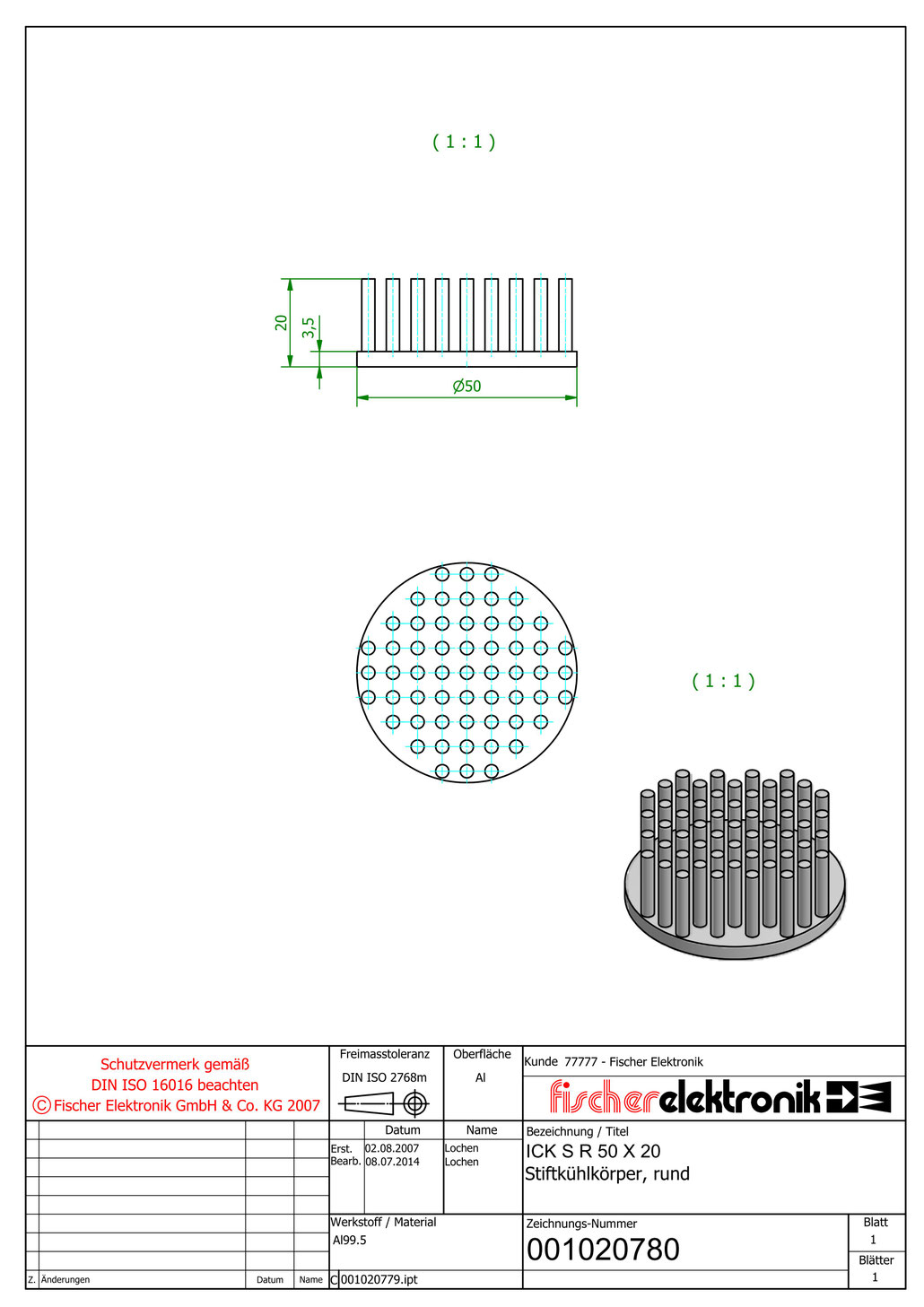 ICK S R 50x20 | 50mmφ x 20mm | 丸型ピンフィンヒートシンク（Al99.5) | Fischer Elektronik