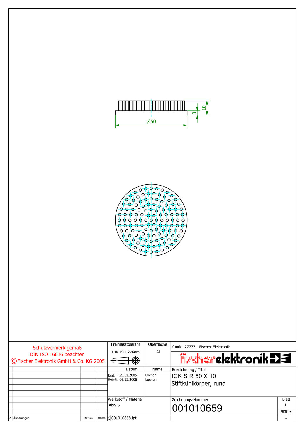ICK S R 50x10  | 50mmφ x 10mm | 丸型ピンフィンヒートシンク（Al99.5) | Fischer Elektronik