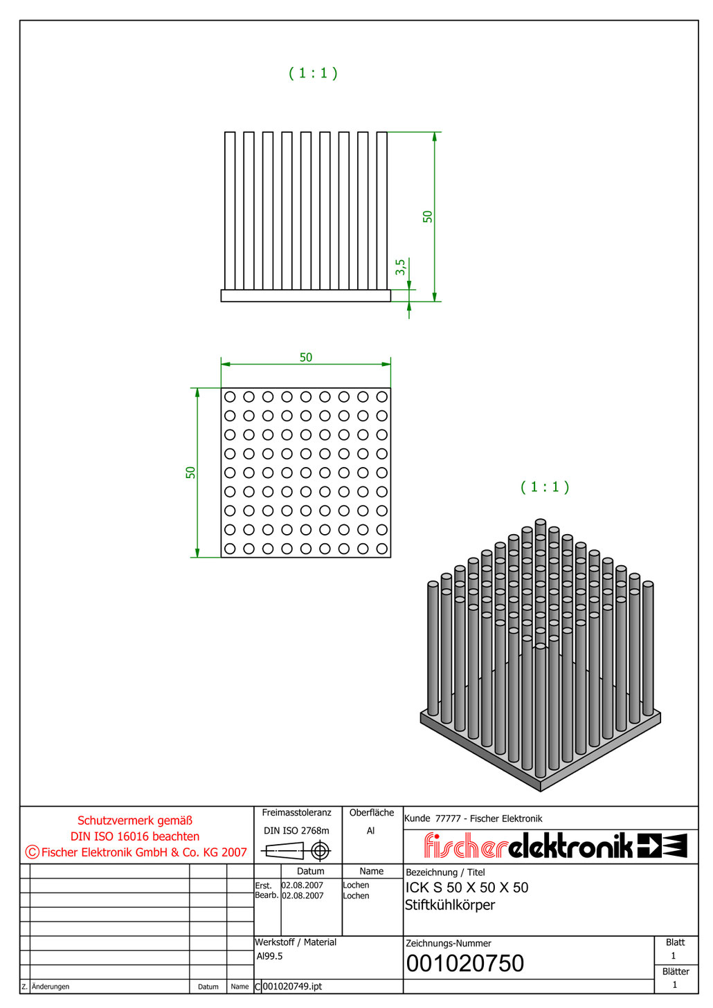 ICK S 50 x 50 x 50 | Al99.5 | 角型ピンフィンヒートシンク | Fischer Elektronik