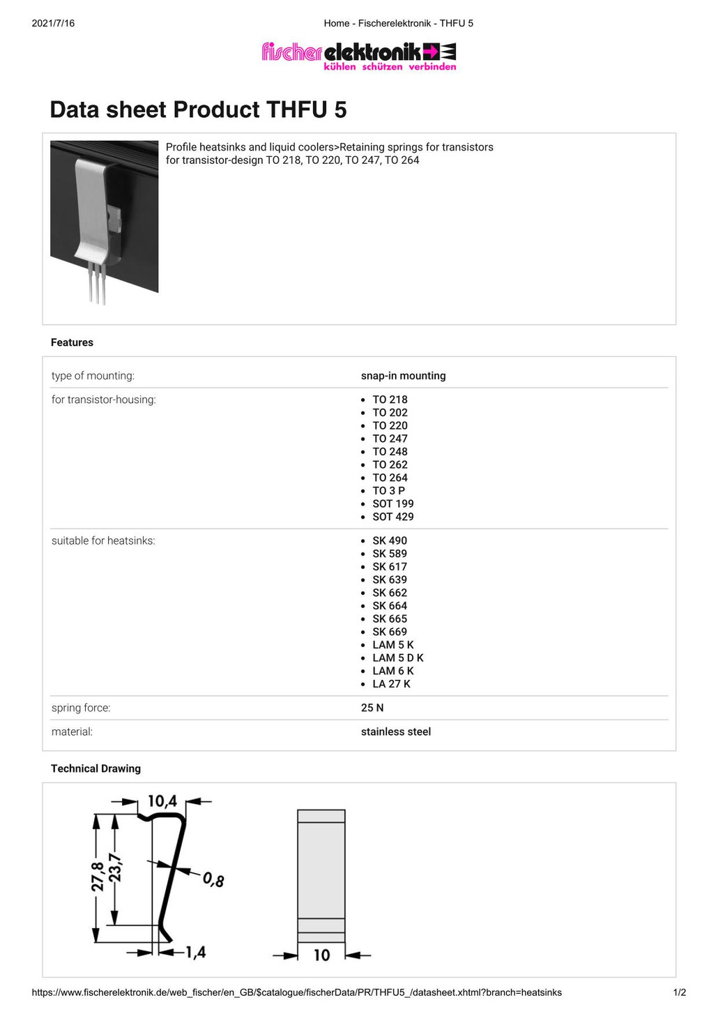 THFU5 Fischer Elektronik トランジスタ固定用スプリング