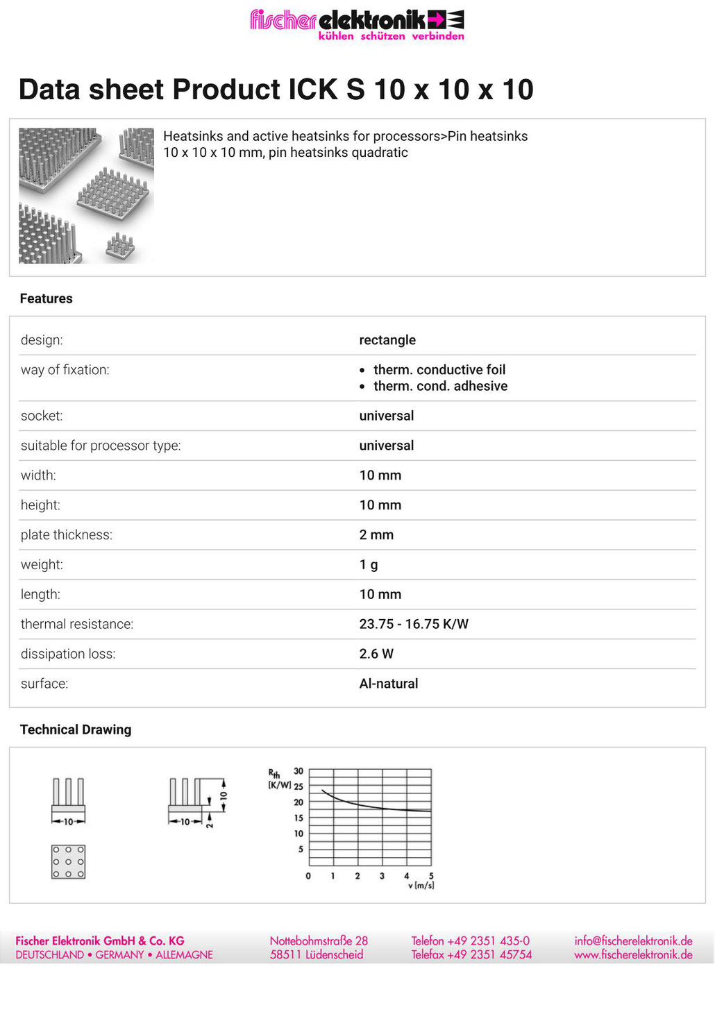 ICK S 10x10x10 | 角型ピンヒートシンク | Fischer Elektronik