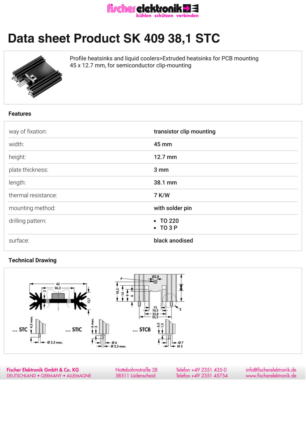 SK409-38,1STC Fischer Elektronik 押出成形ヒートシンク 基板取付用