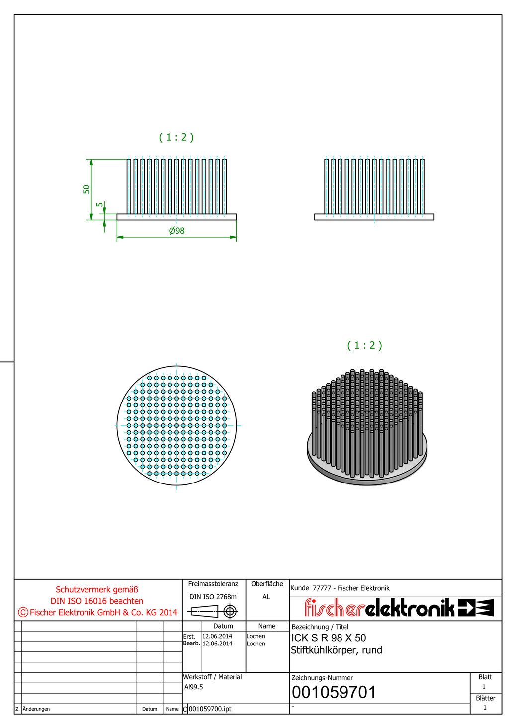 ICK S R 98 x 50 | 98mmφ x H50mm |丸型ピンフィンヒートシンク（Al99.5）| Fischer Elektronik