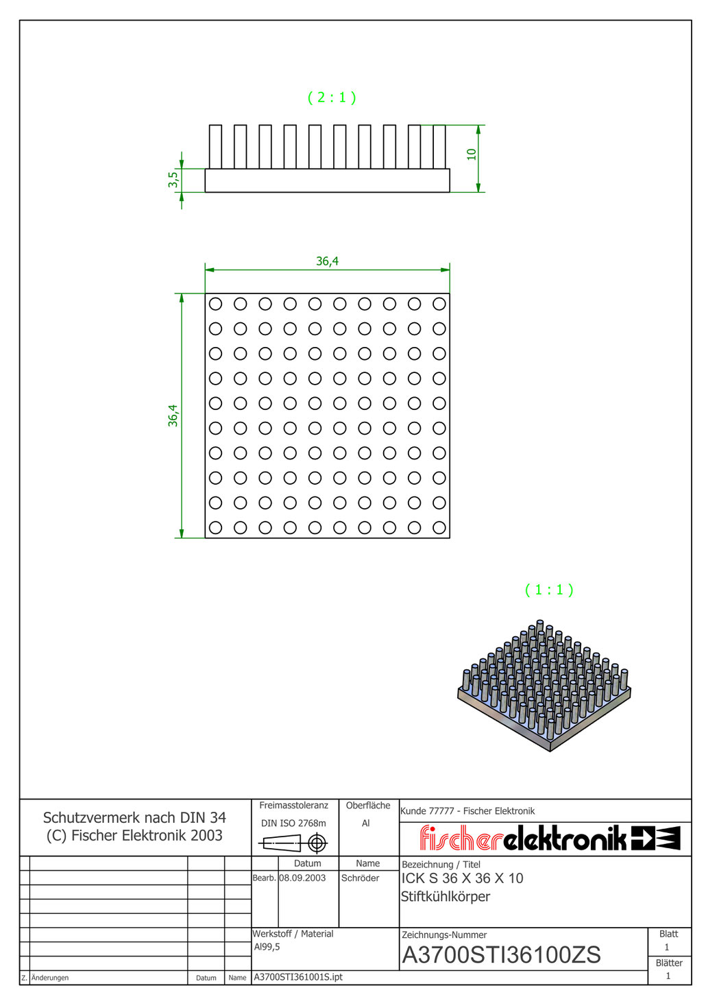 ICK S 36x36x10  | Al99.5 | 角型ピンフィンヒートシンク | Fischer Elektronik