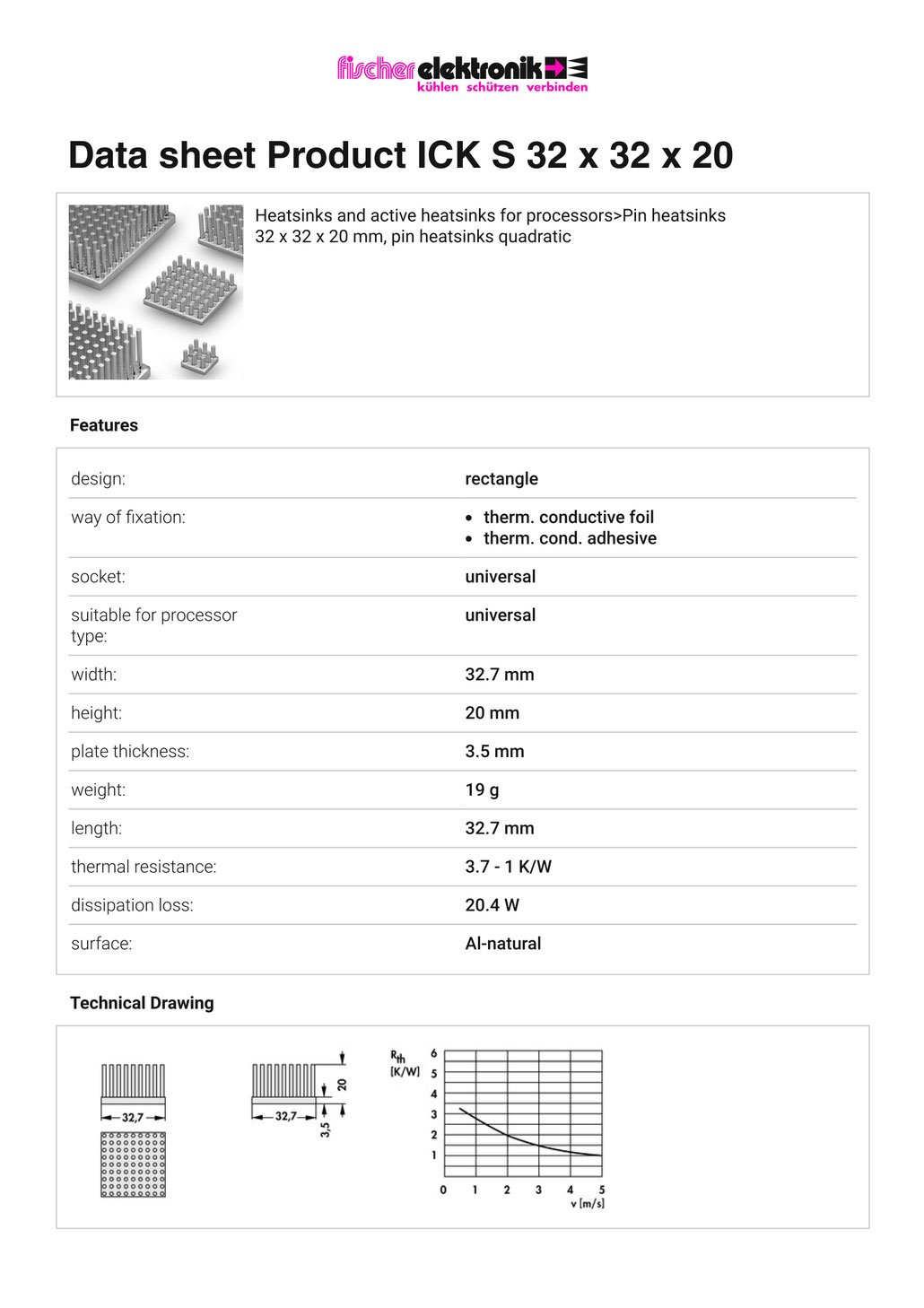 ICK S 32x32x20 | Al99.5 | 角型ピンフィンヒートシンク | Fischer Elektronik