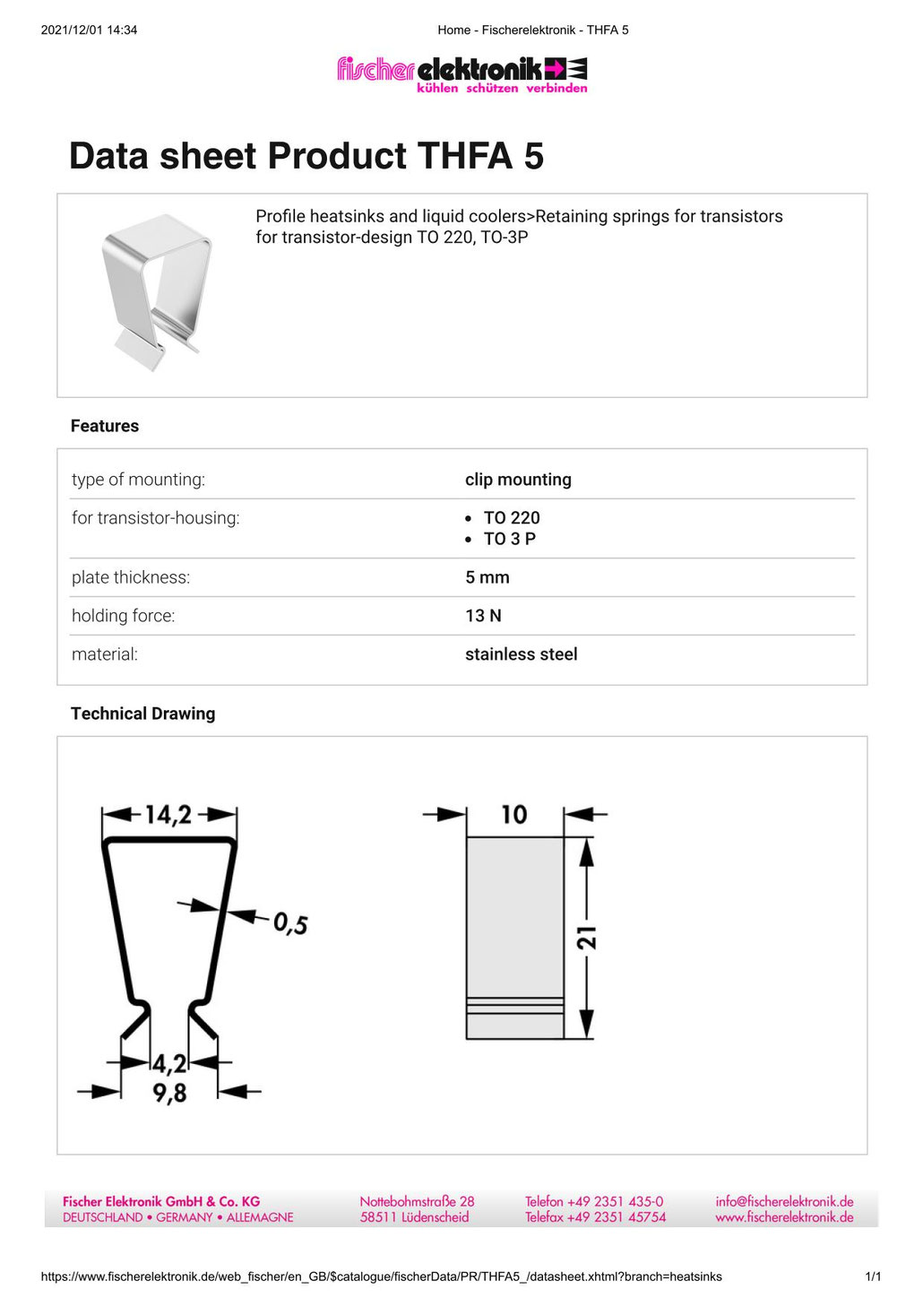 THFA5 Fischer Elektronik TO-3P TO-220パッケージ トランジスタ固定用スプリング