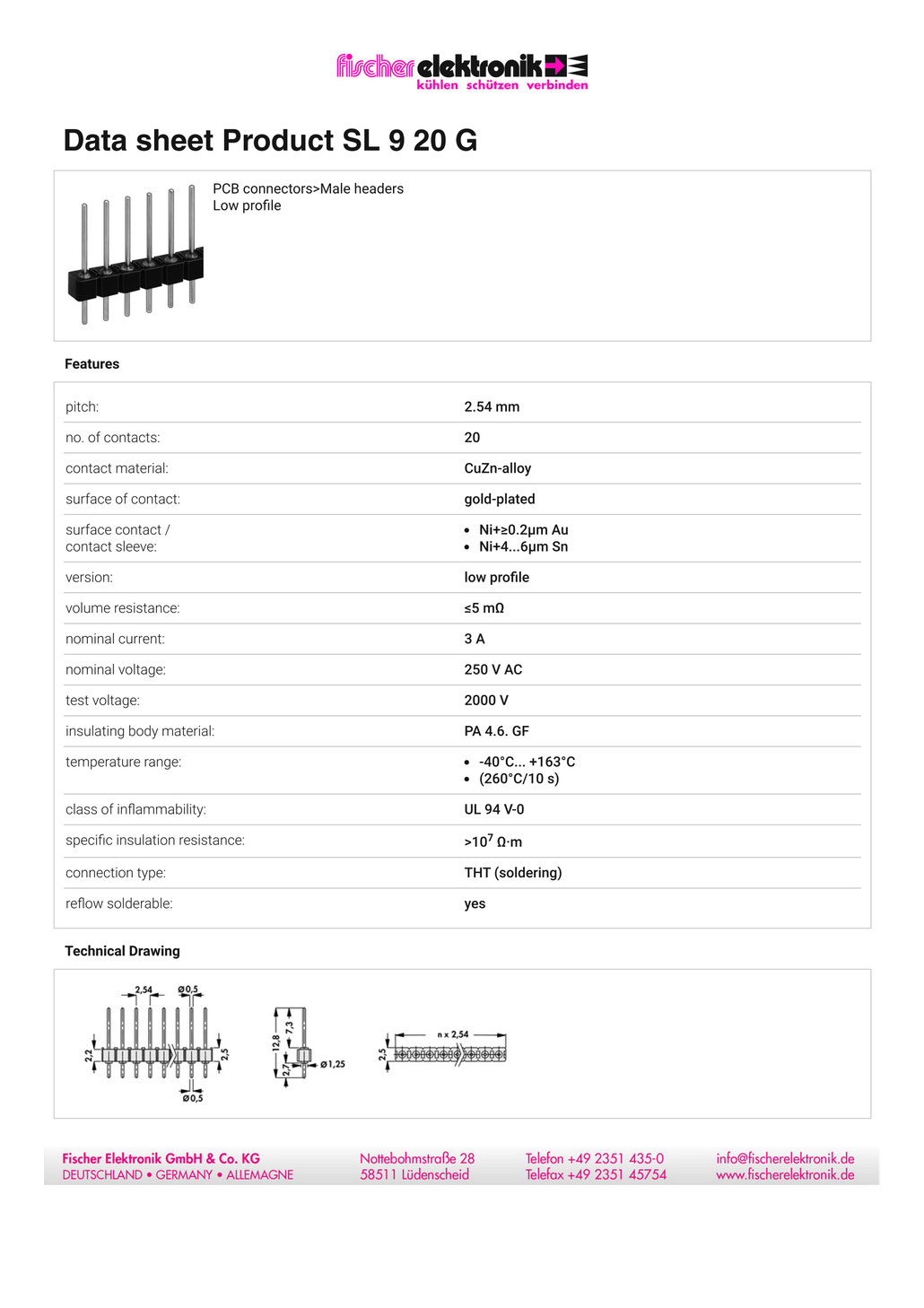 SL-9-20-G（0.5mm径丸ピン） 2.54mmピッチ ピンヘッダー