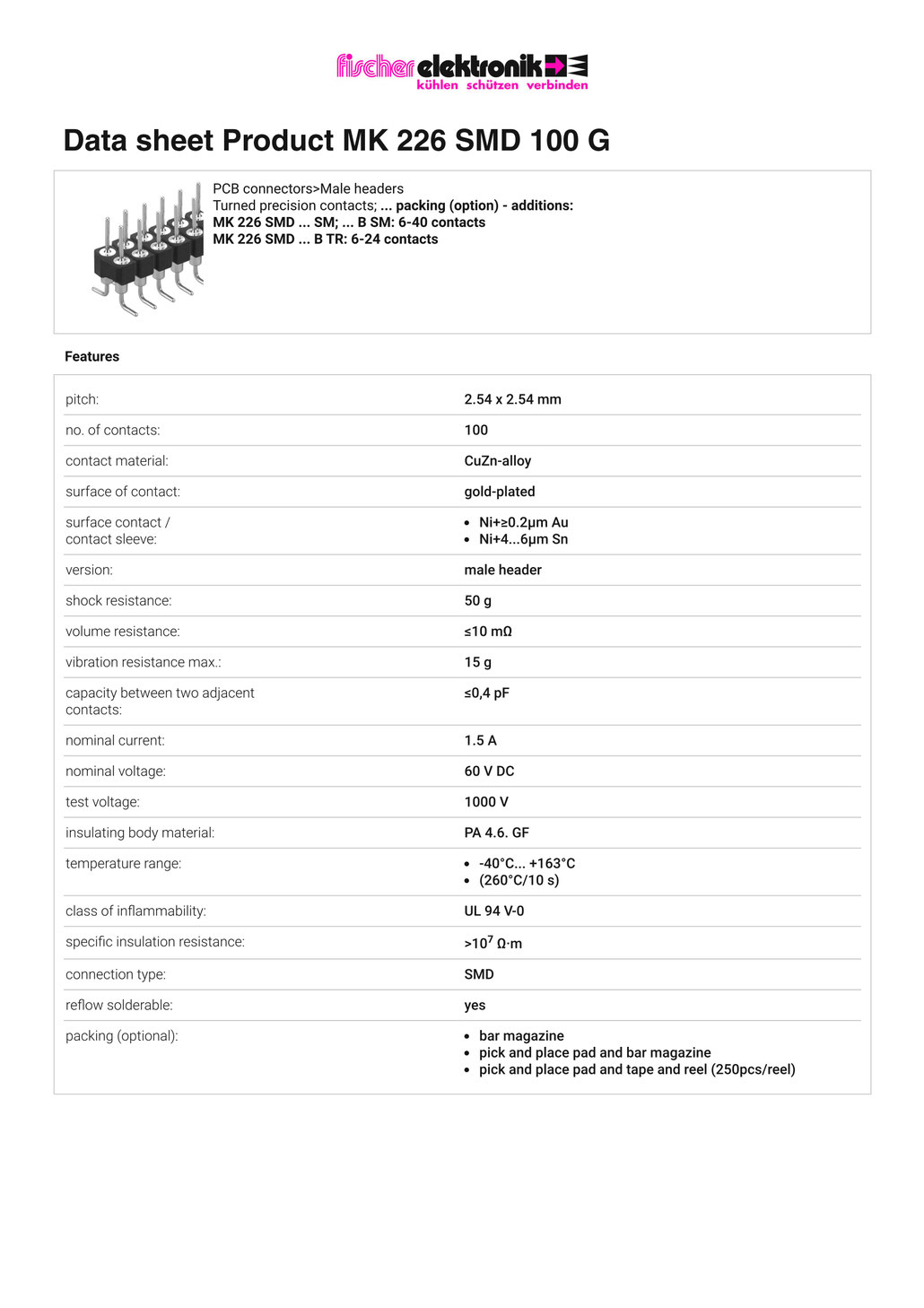 MK-226-SMD-100-G 2.54mmピッチ 表面実装用ピンヘッダー データシート