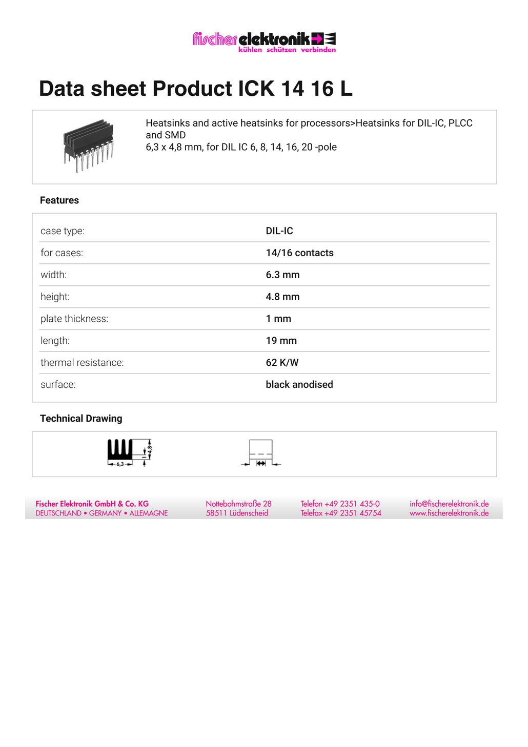 ICK-14-16-L | DIP IC(14/16コンタクト）用ヒートシンク | Fischer Elektronik