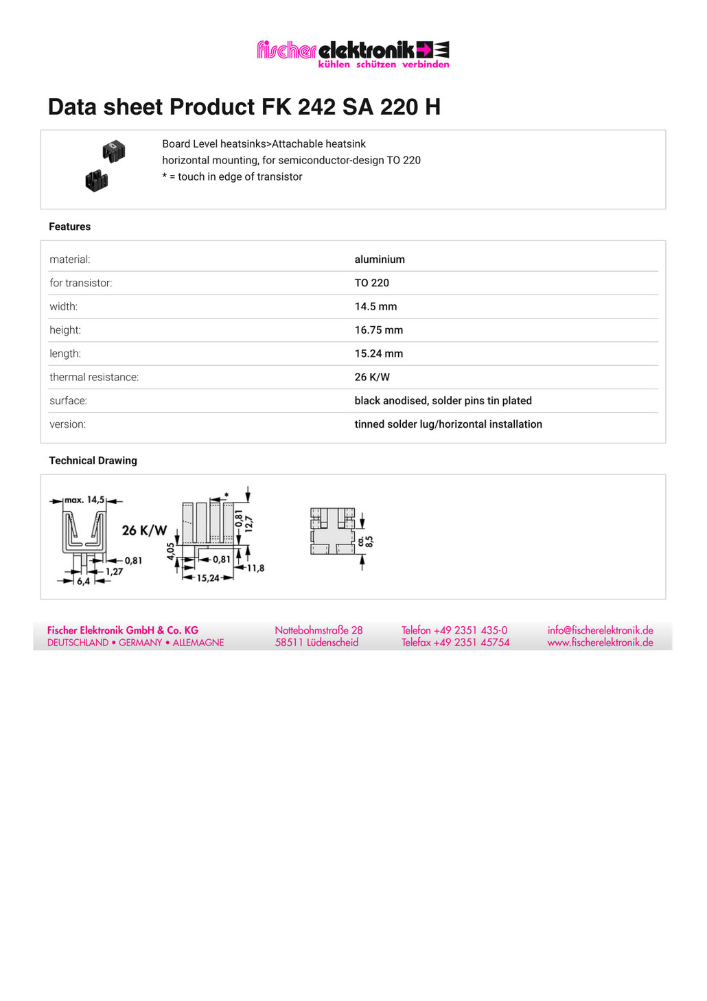 FK-242-SA-220-H | クリップオンヒートシンク ホリゾンタルマウント
