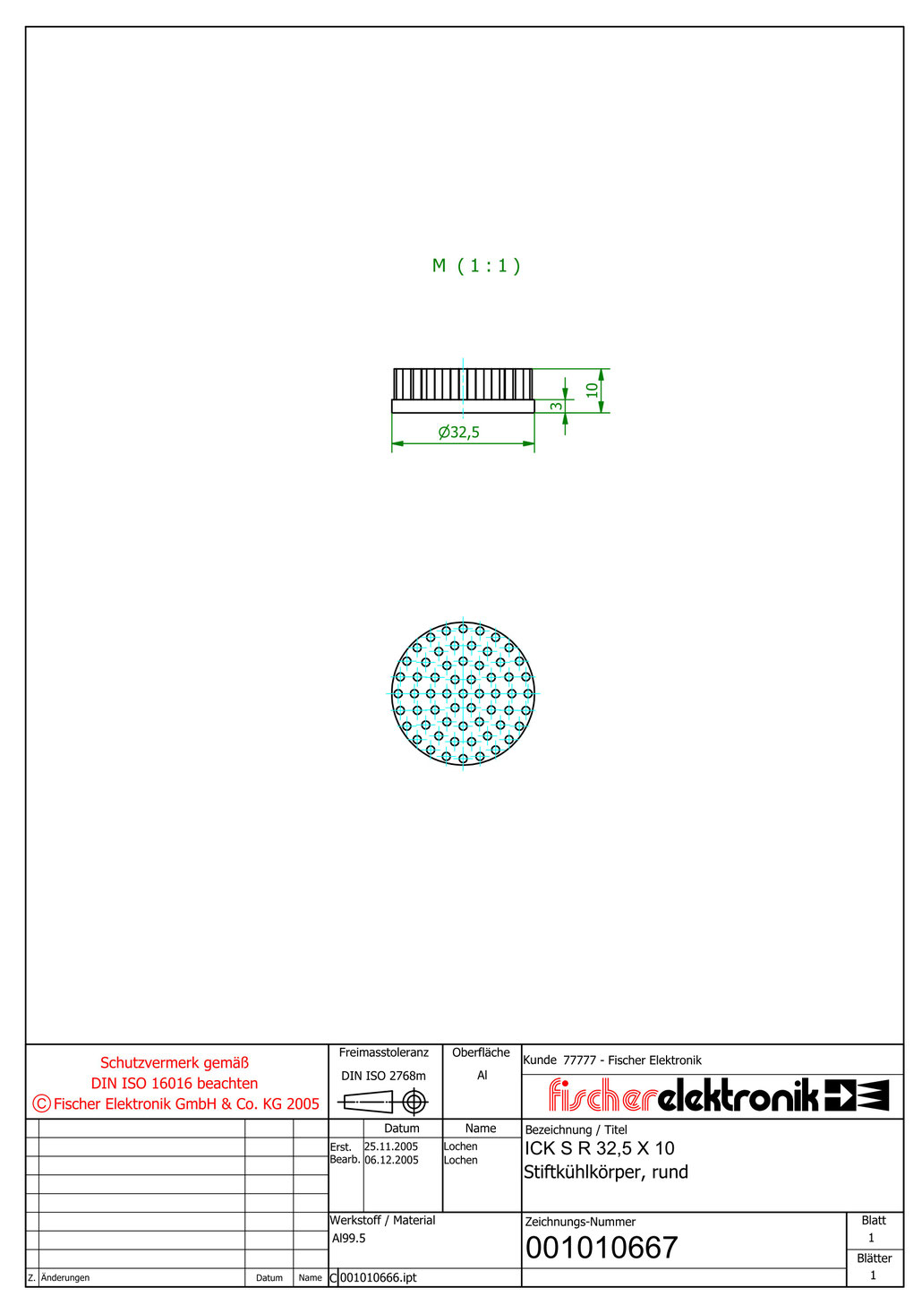 ICK S R 32,5x10  | 32.5mmφ x 10mm | 丸型ピンフィンヒートシンク（Al99.5) | Fischer Elektronik