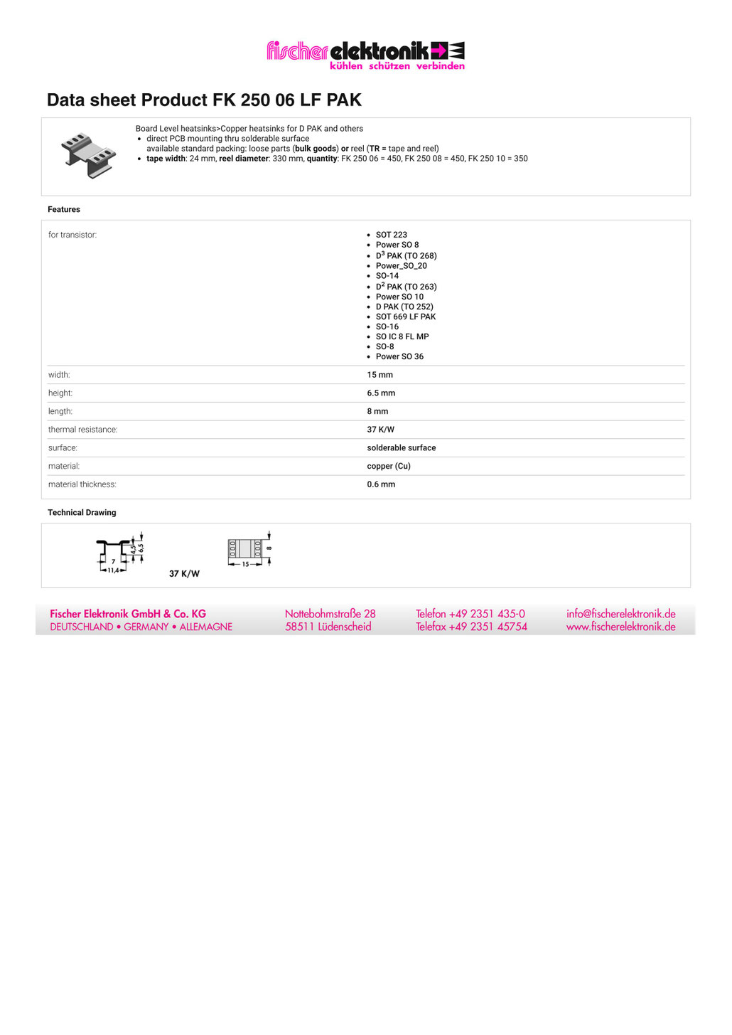 FK 250 06 LF PAK  Fischer 表面実装用ヒートシンク　