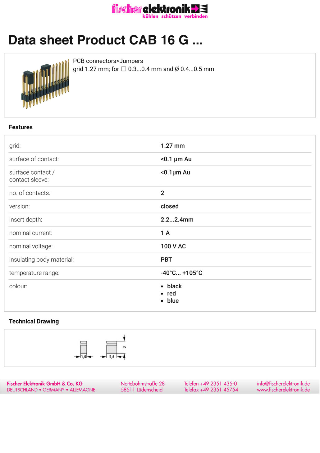 CAB 16 G | 1.27mmピッチ ジャンプソケット | Fischer Elektronik