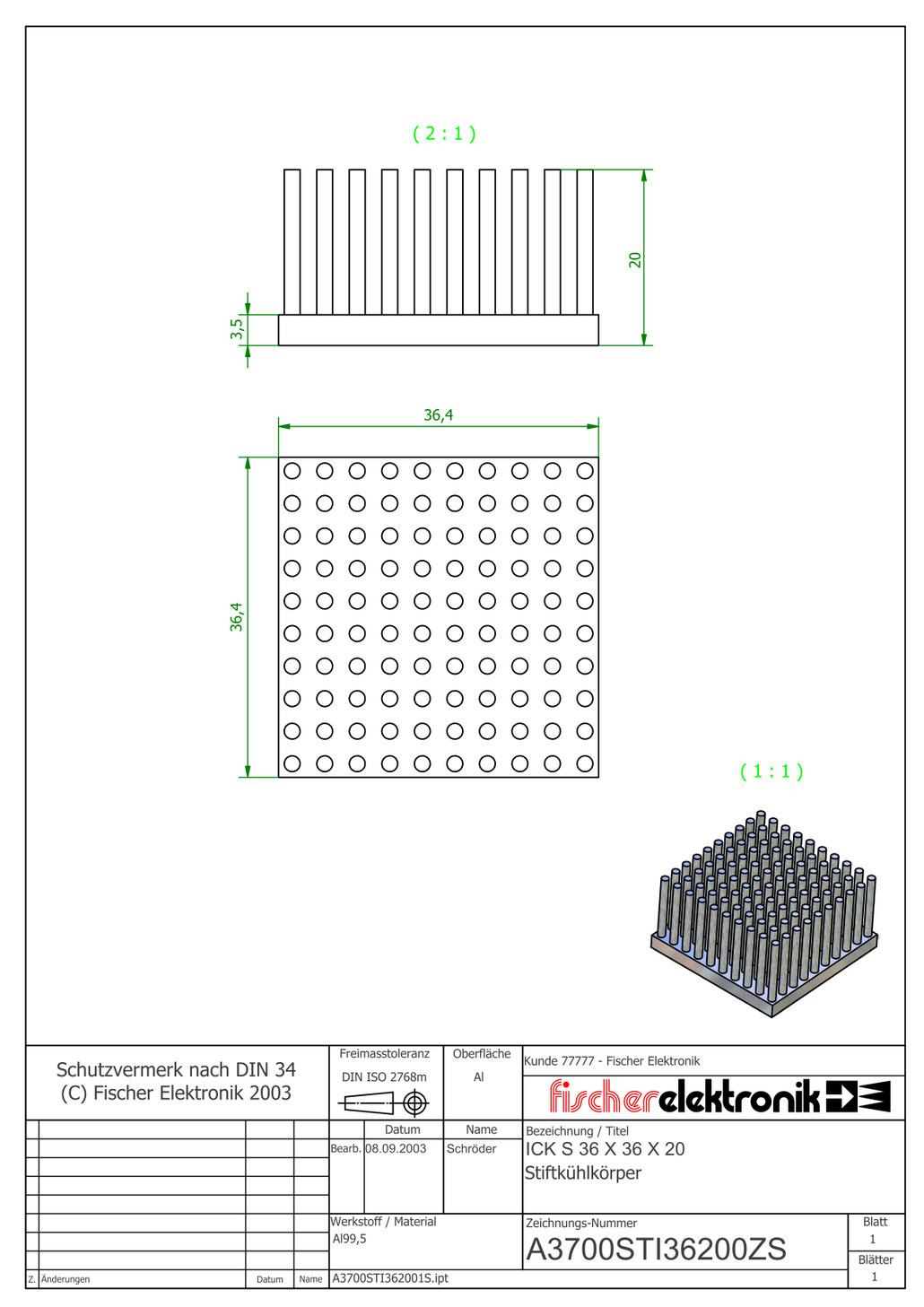ICK S 36x36x20 | Al99.5 | 角型ピンフィンヒートシンク | Fischer Elektronik