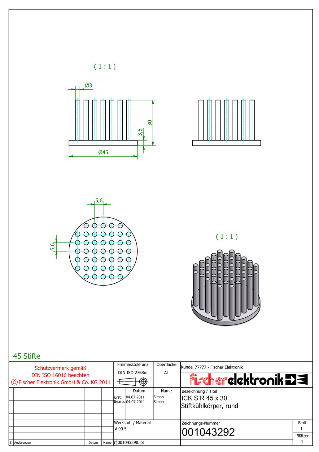 ICK S R 45 x 30 | 45mm径 x 高さ30mm |丸型ピンフィンヒートシンク（Al99.5）| Fischer Elektronik