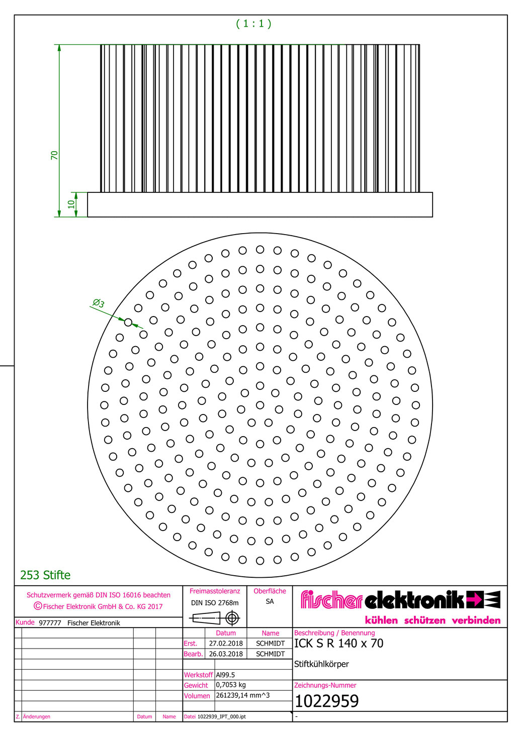 ICK S R 140 x 70 | 140mmφ x H70mm |丸型ピンフィンヒートシンク（Al99.5）| Fischer Elektronik