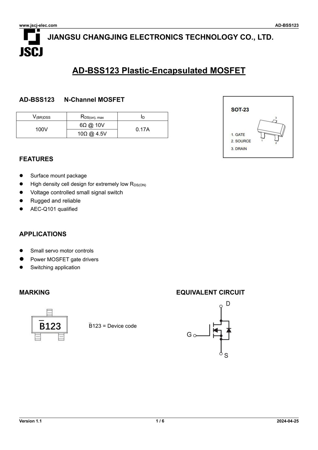 AD-BSS123（SOT-23）車載グレードMOSFET | JSCJ製