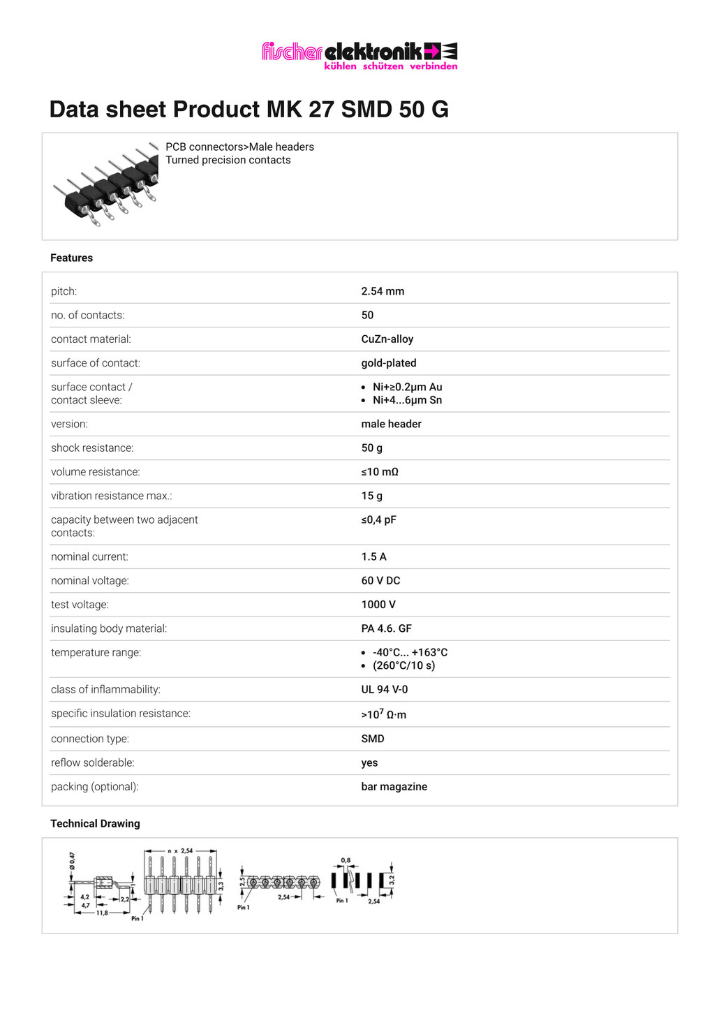 MK-27-SMD-50-G（0.47mm径丸ピン） 2.54mmピッチ 表面実装用ピンヘッダー　データシート