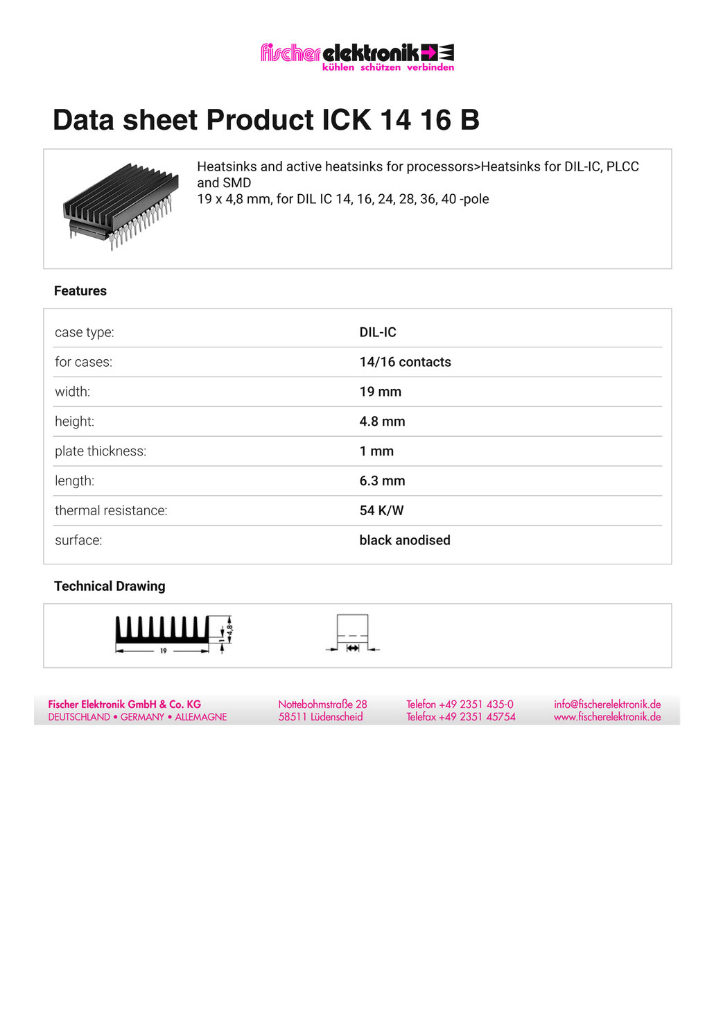 ICK-14-16-B | DIP IC(14/16コンタクト）用ヒートシンク | Fischer Elektronik