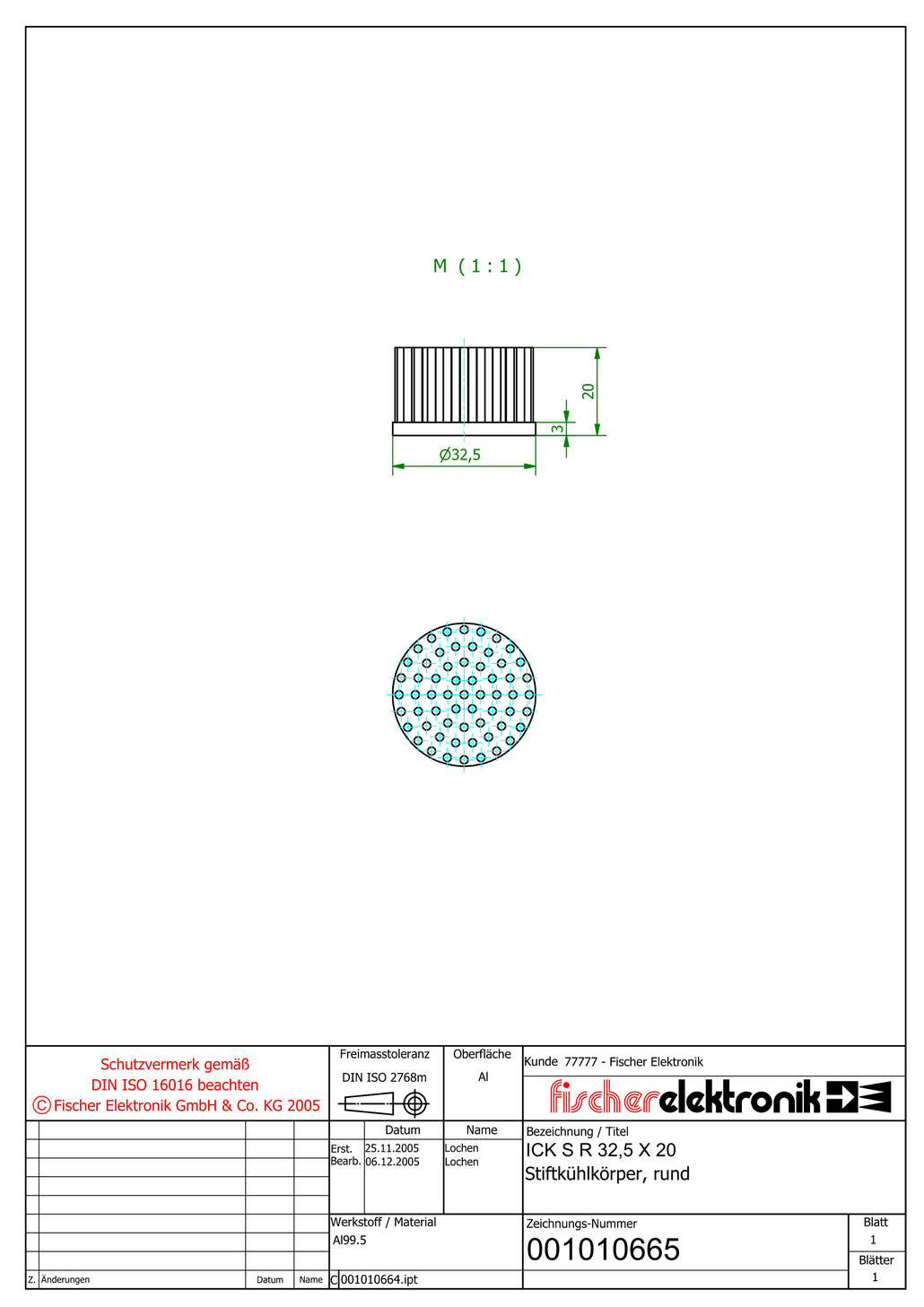 ICK S R 32,5x20 | 32.5mmφ x 20mm |丸型ピンフィンヒートシンク（Al99.5）Fischer Elektronik