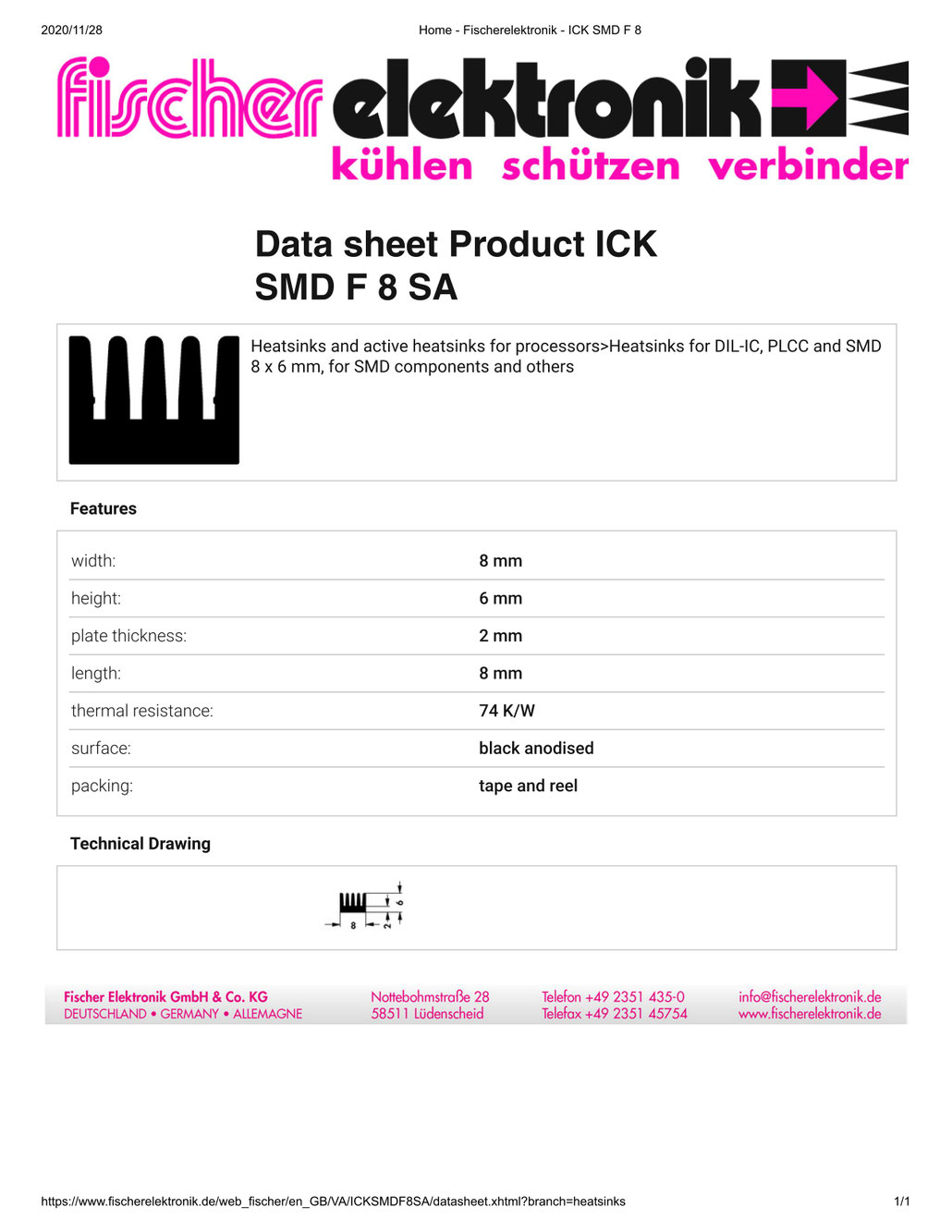 ICKSMDF8SA Fischer/フィッシャー 表面実装デバイス用 ヒートシンク