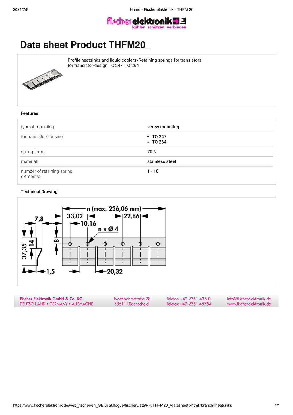 THFM20  1連 - 10連  Fischer Elektronik トランジスタ固定用スプリング（TO247, TO264用）