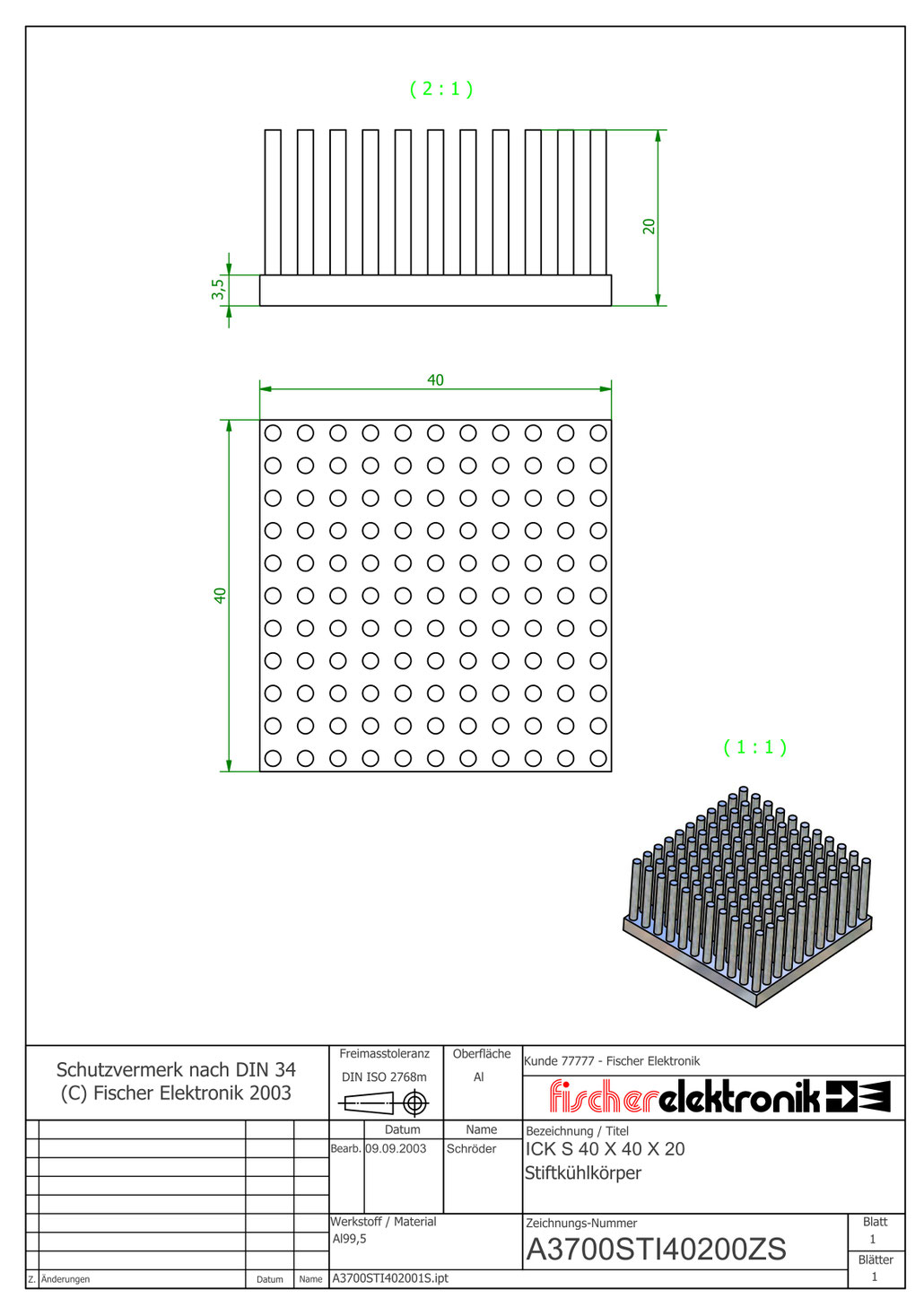ICK S 40x40x20  | Al99.5 | 角型ピンフィンヒートシンク | Fischer Elektronik