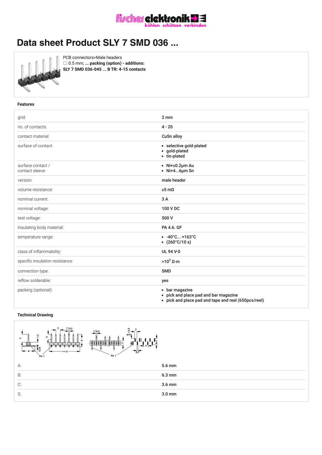 SLY-7-SMD-036| 表面実装用ピンヘッダ|2mmピッチ｜データシート