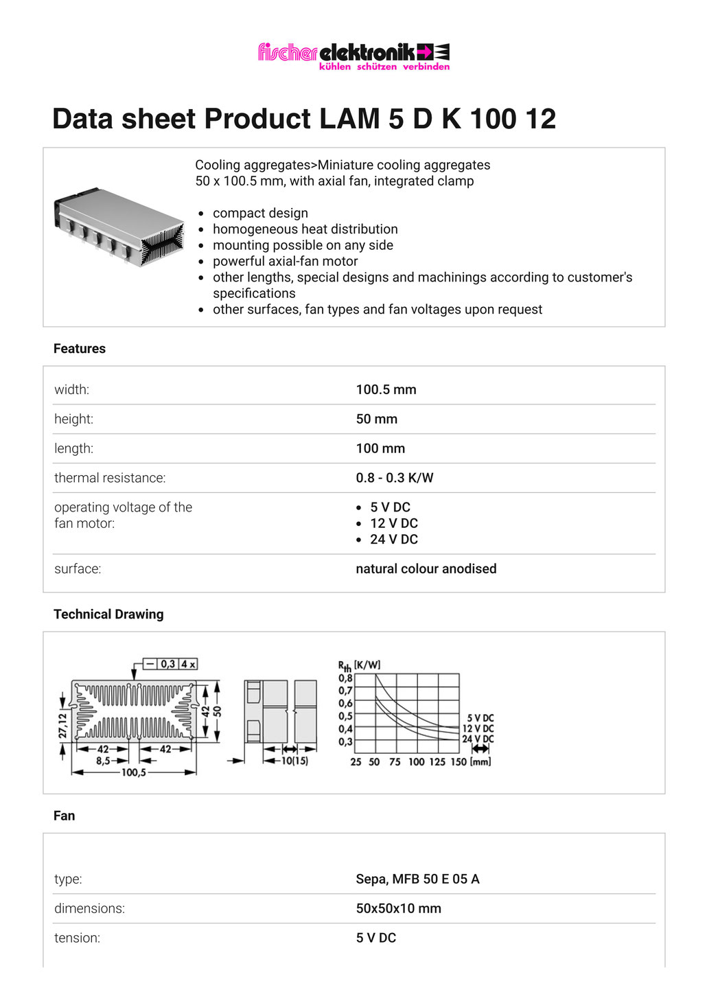 LAM-5-D-K-100-12 | 軸流ファン付きヒートシンク|トランジスタクリップマウント Fischer Elektronik