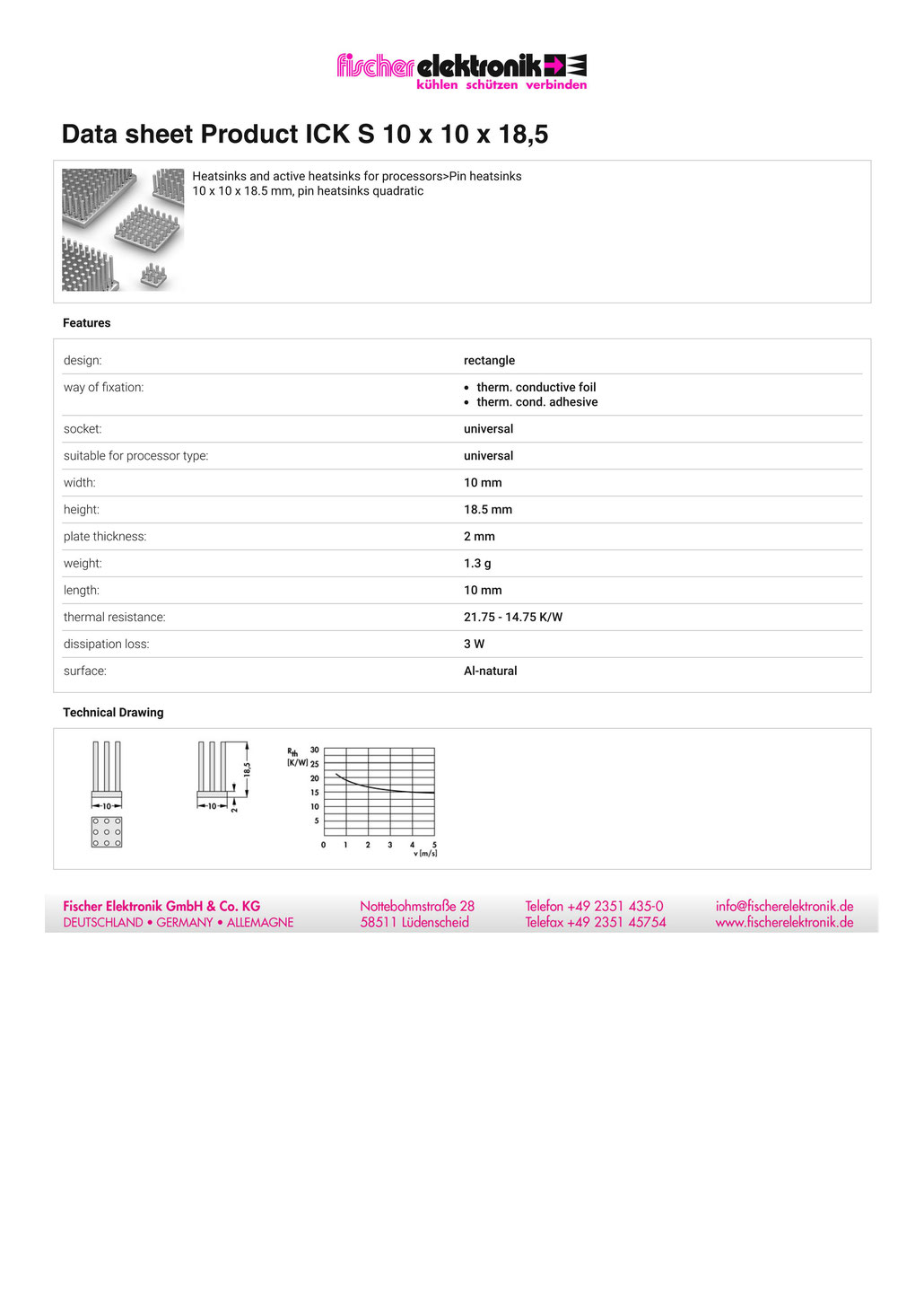 ICK S 10x10x18,5 | 角型ピンヒートシンク | Fischer Elektronik