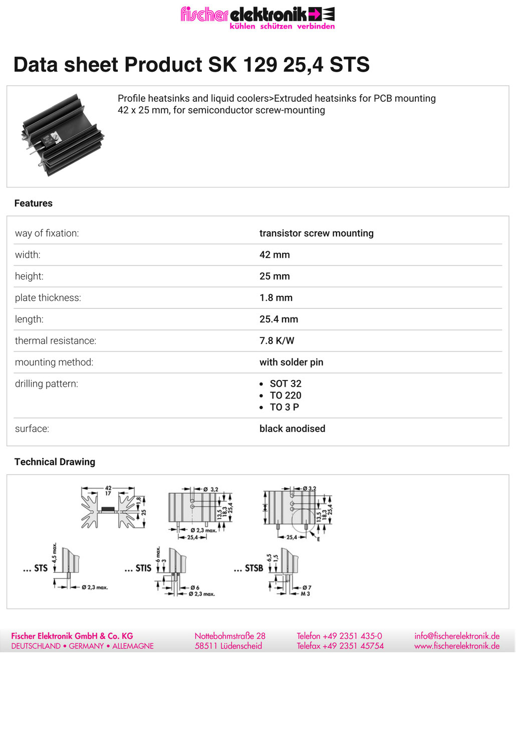 SK 129 25,4 STS  SOT-32, TO-3P,  TO-220用ヒートシンク (42 x 25 mm x 25,4mm) データシート