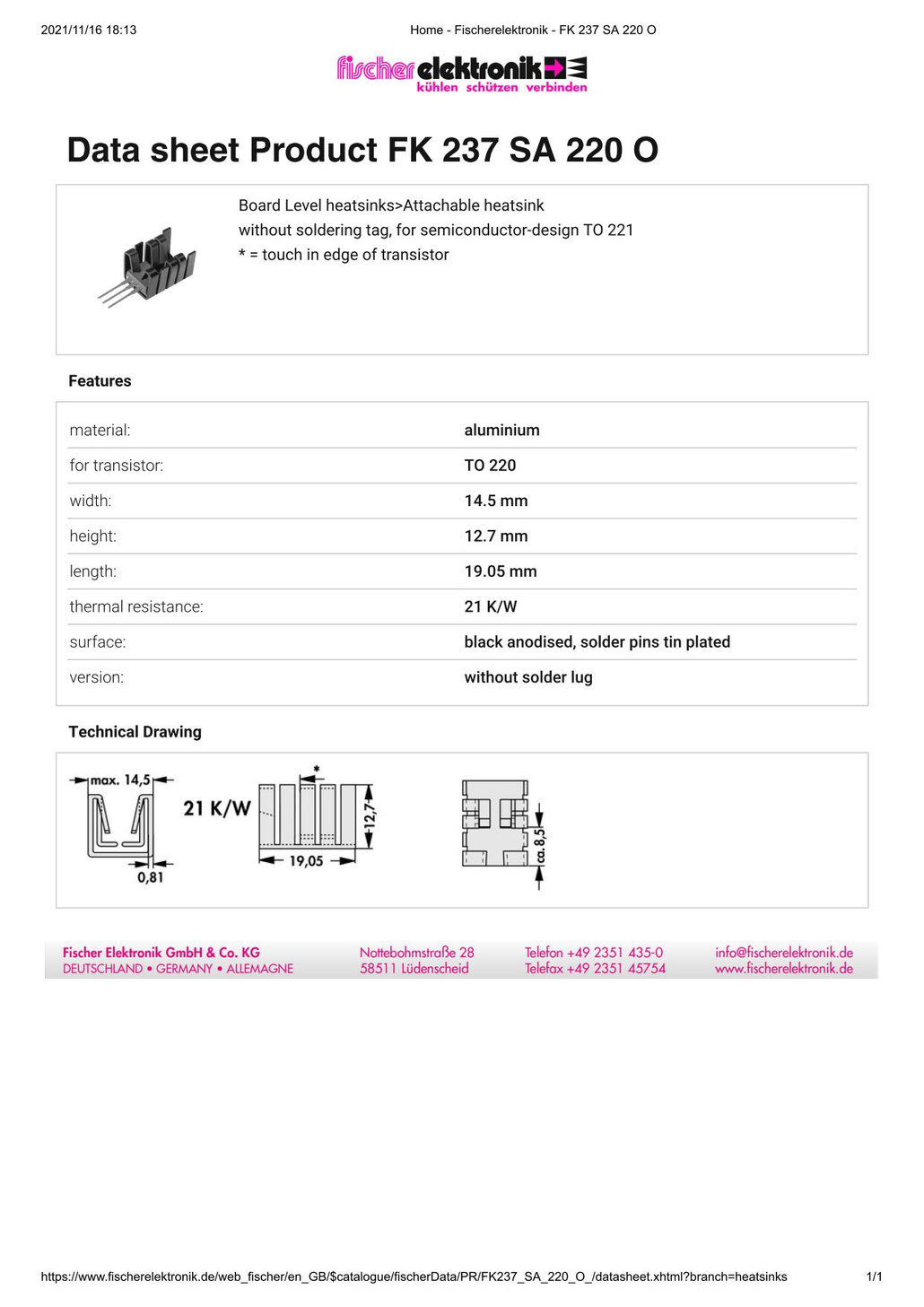 FK237SA220O TO-220パッケージ用クリップオンヒートシンク