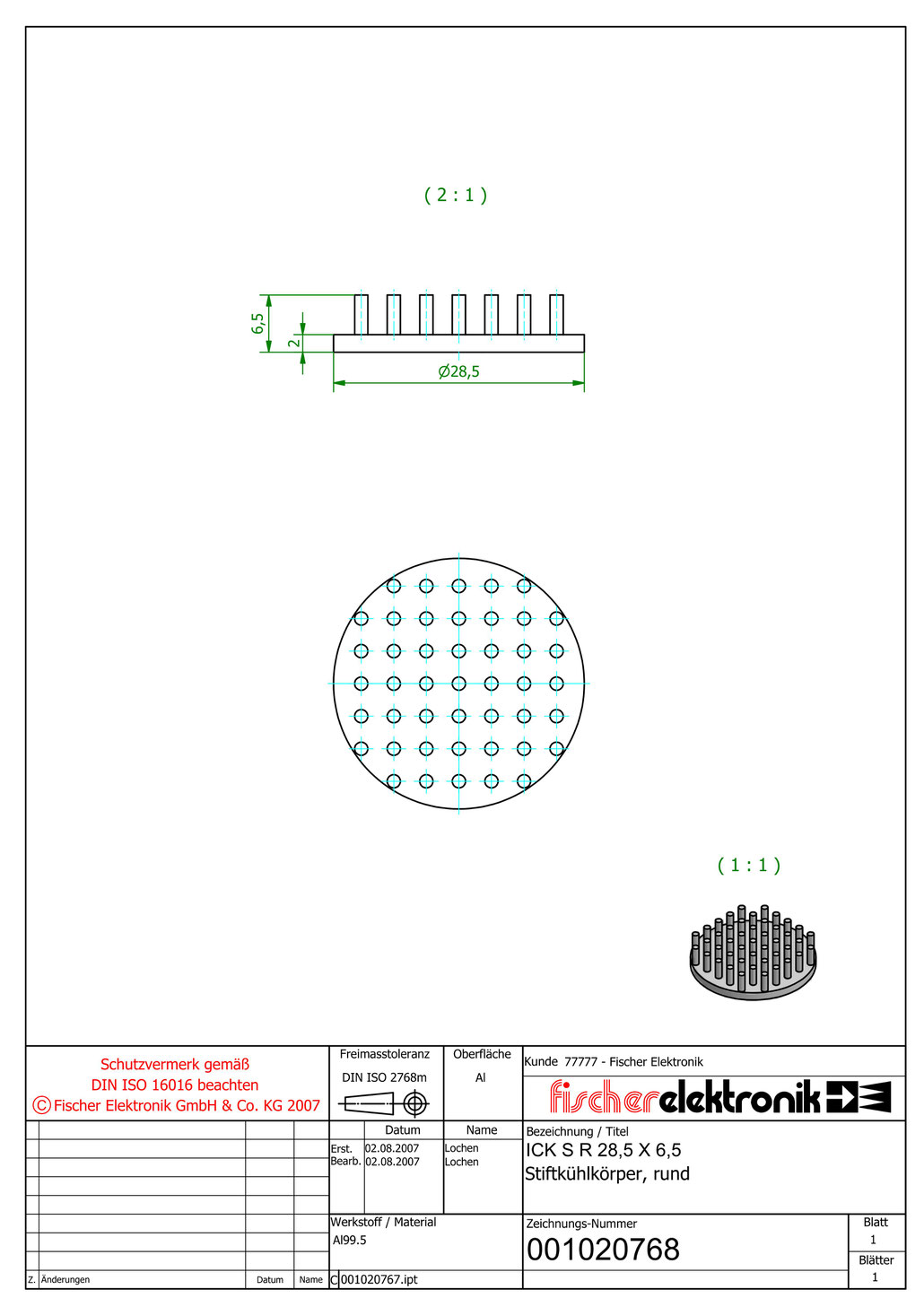 ICK S R 28,5 x 6.5 | 28.5mmφ x 6.5mm | 丸型ピンフィンヒートシンク（Al99.5) | Fischer Elektronik