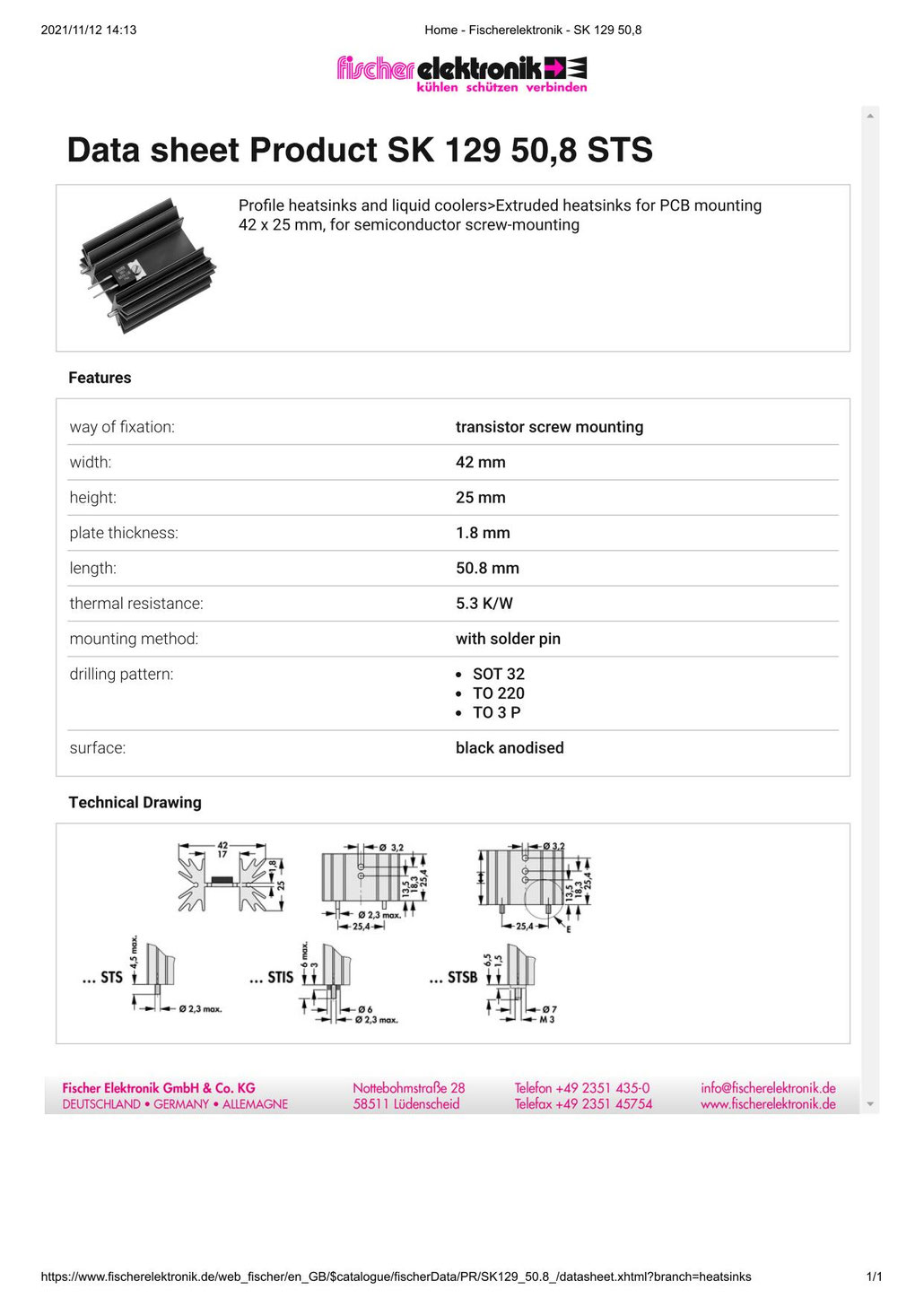SK 129 50,8 STS  SOT-32, TO-3P,  TO-220用ヒートシンク (42 x 25 mm x 50,8mm) データシート