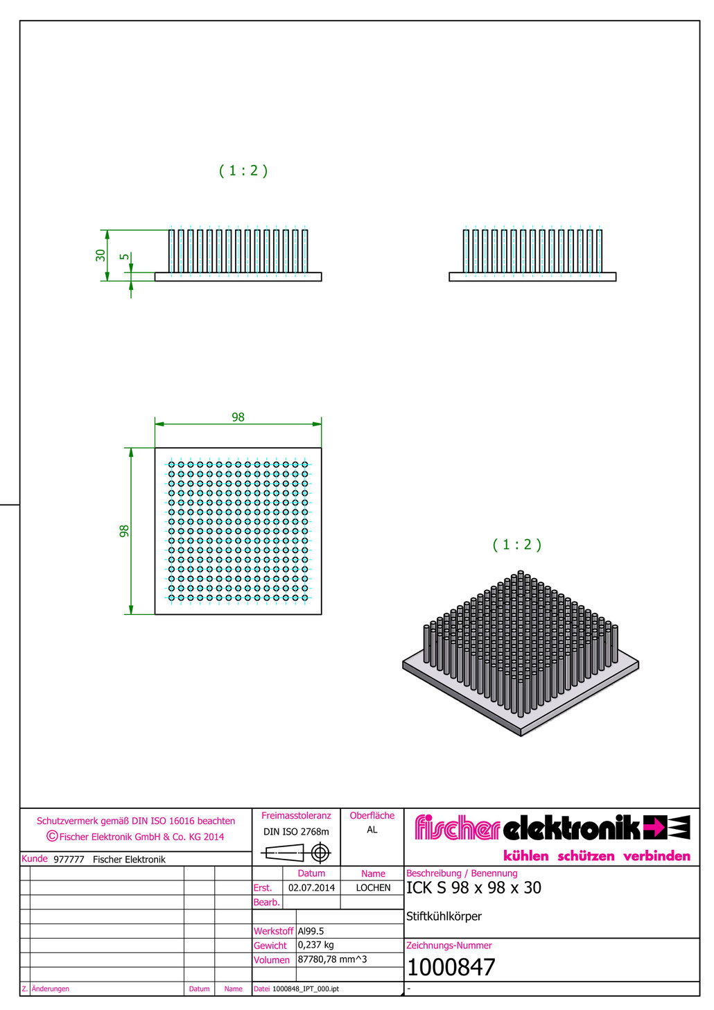 ICK S 98 x 98 x 30  | Al99.5 | 角型ピンフィンヒートシンク | Fischer Elektronik