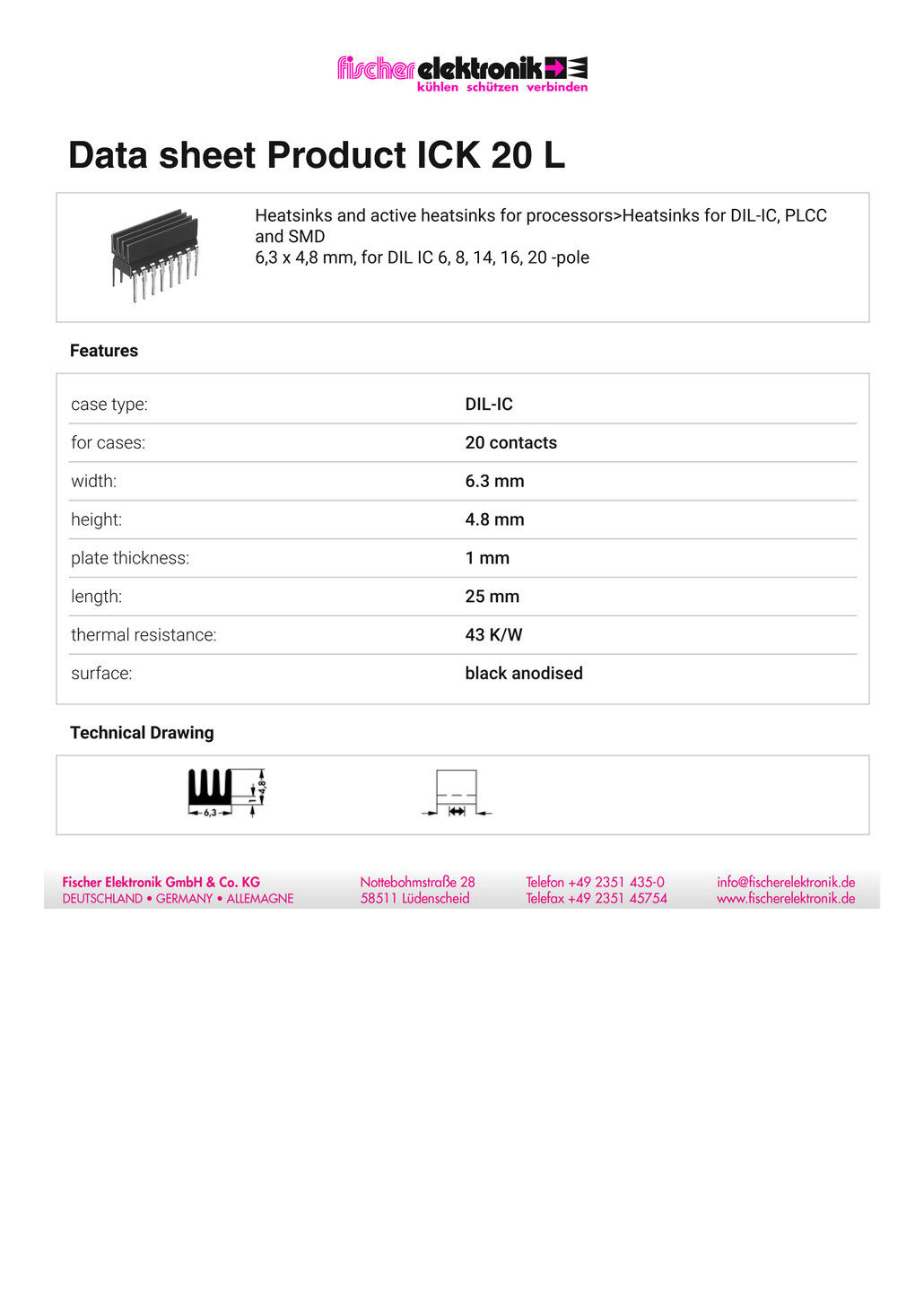 ICK-20-L | DIP IC(20コンタクト）用ヒートシンク | Fischer Elektronik