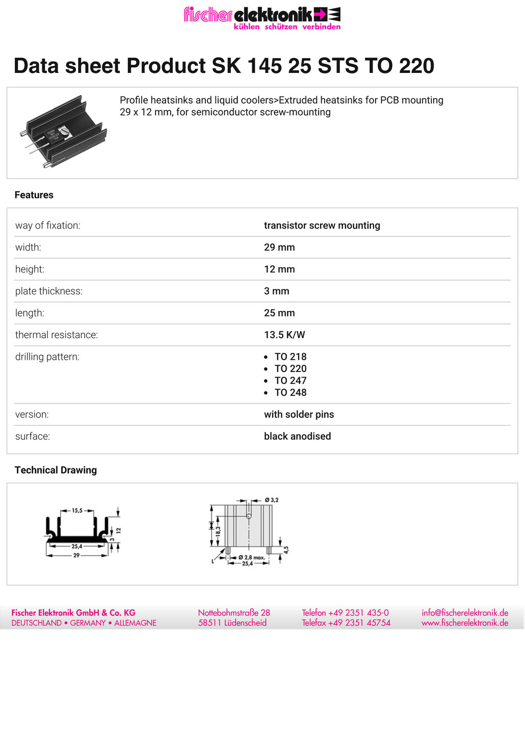 SK 145 25 STS  TO 220 TO-218, TO-247,  TO-248, TO-220用ヒートシンク (29 x 12 x 25mm) データシート