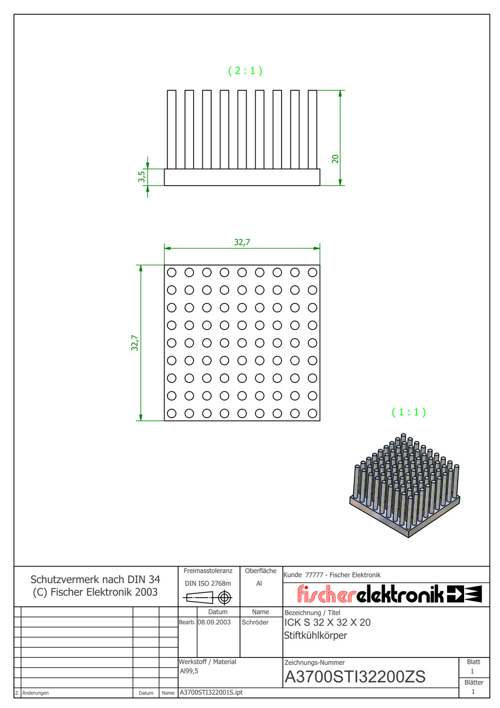 ICK S 32x32x20 | Al99.5 | 角型ピンフィンヒートシンク | Fischer Elektronik